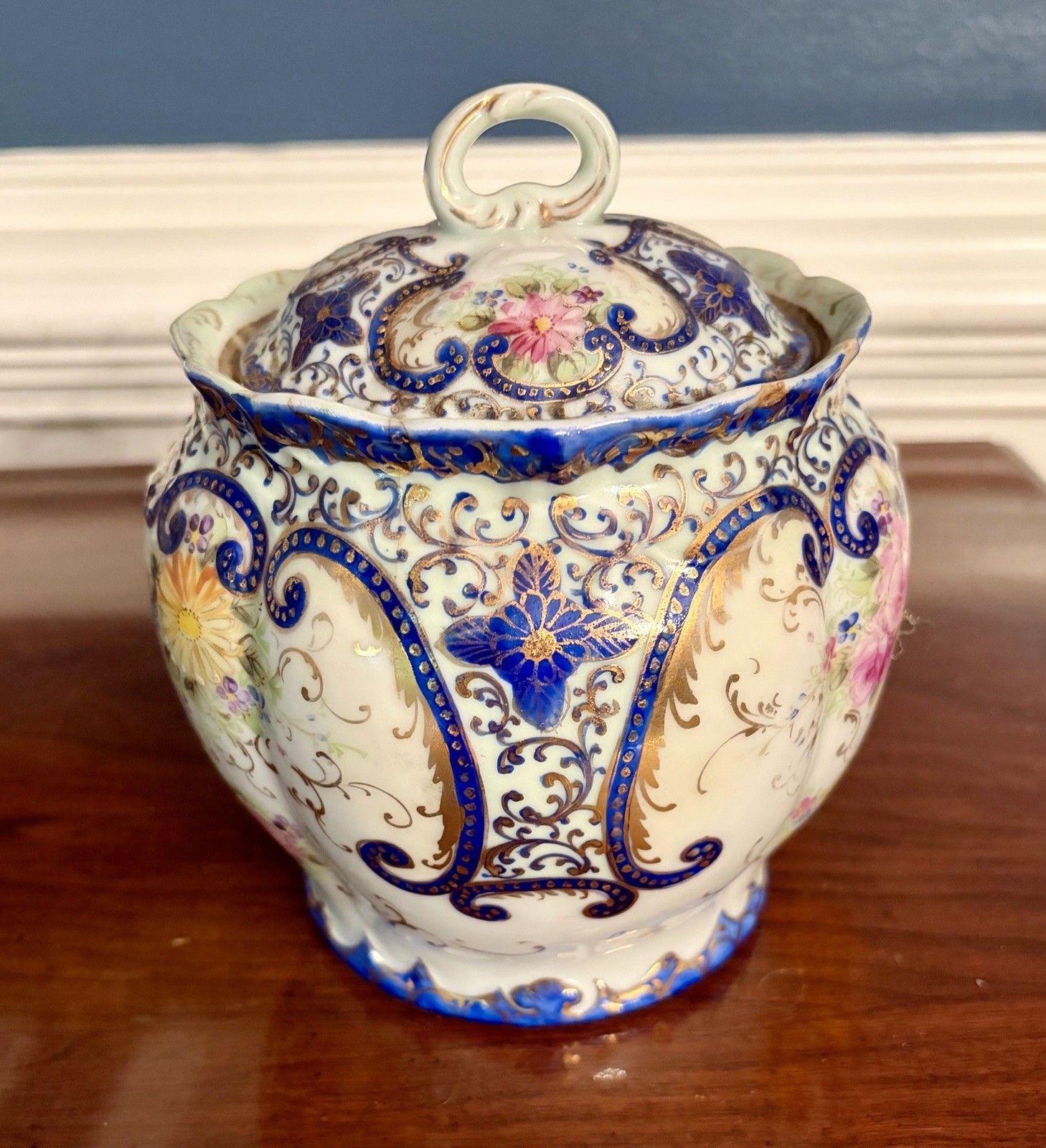 Antique French Hand Painted Porcelain Biscuit Jar w Lid; Blue w flowers & Gold
