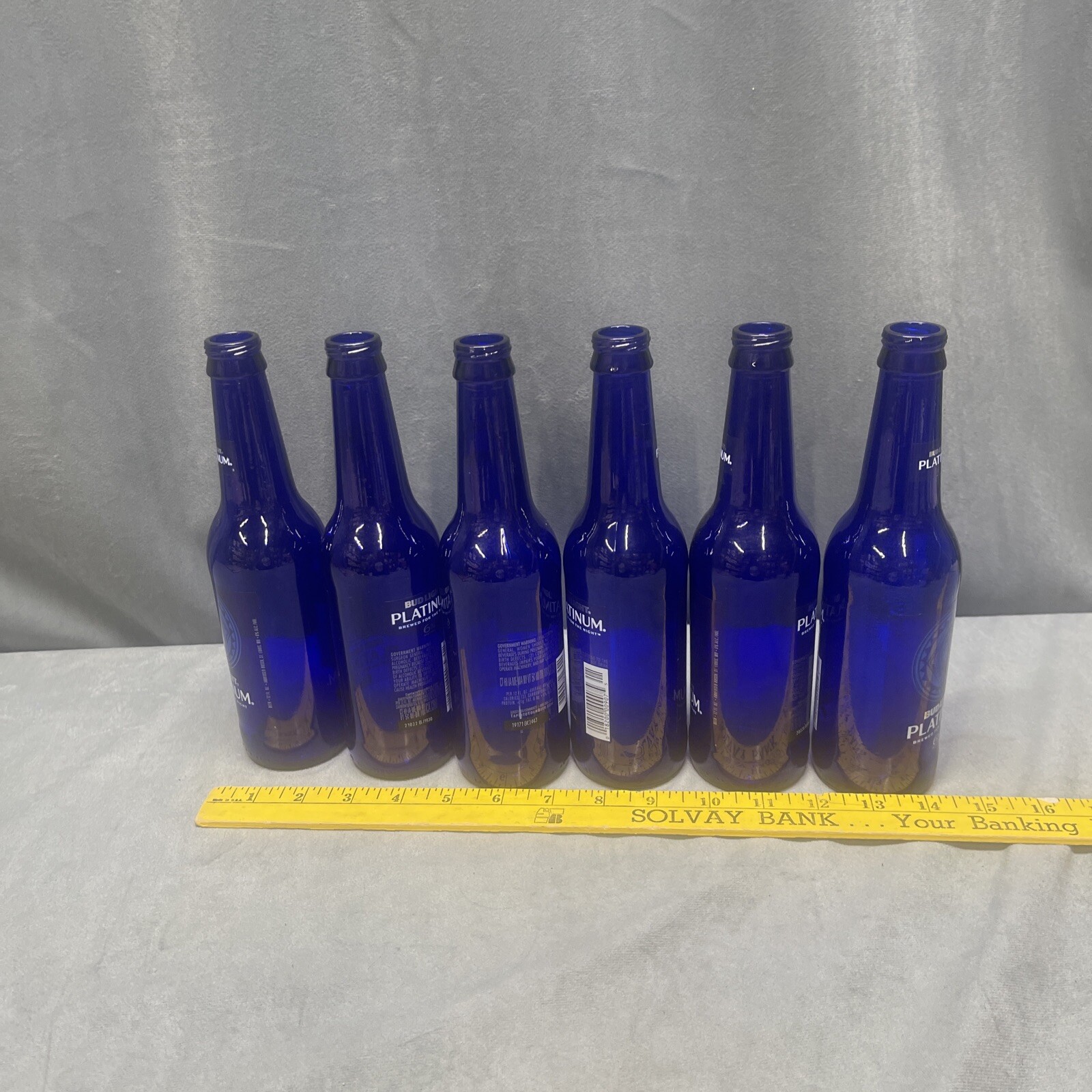 Labels On Lot Of 6 COBALT BLUE BEER BOTTLES Vases Flowers Crafts Wind Chime Tree