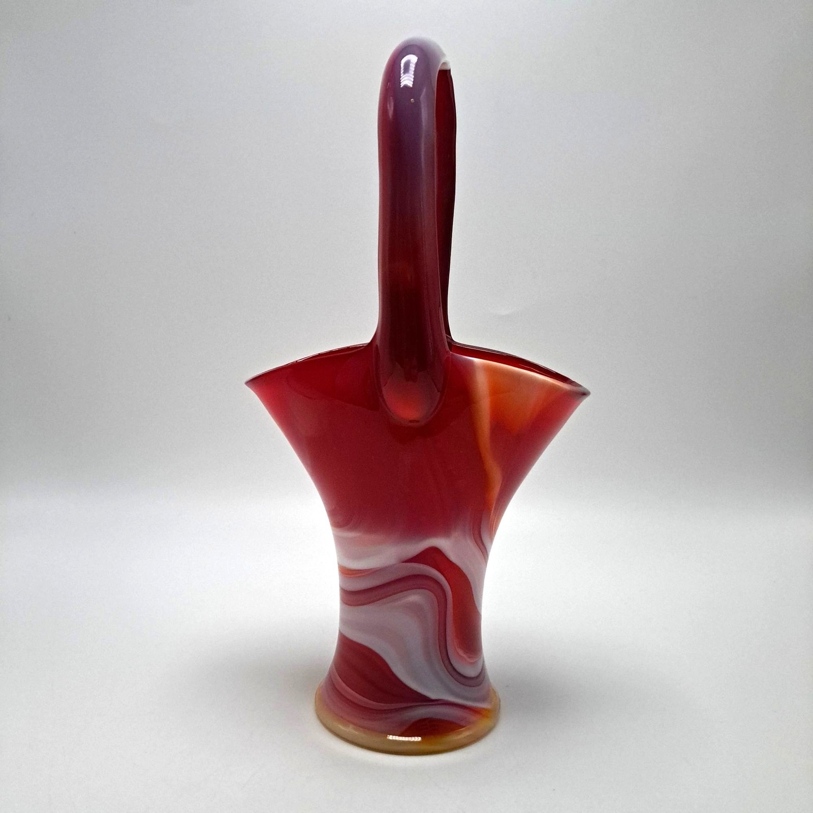 Imperial Slag Glass Basket Swirled Red & White Design Vintage Decorative Piece