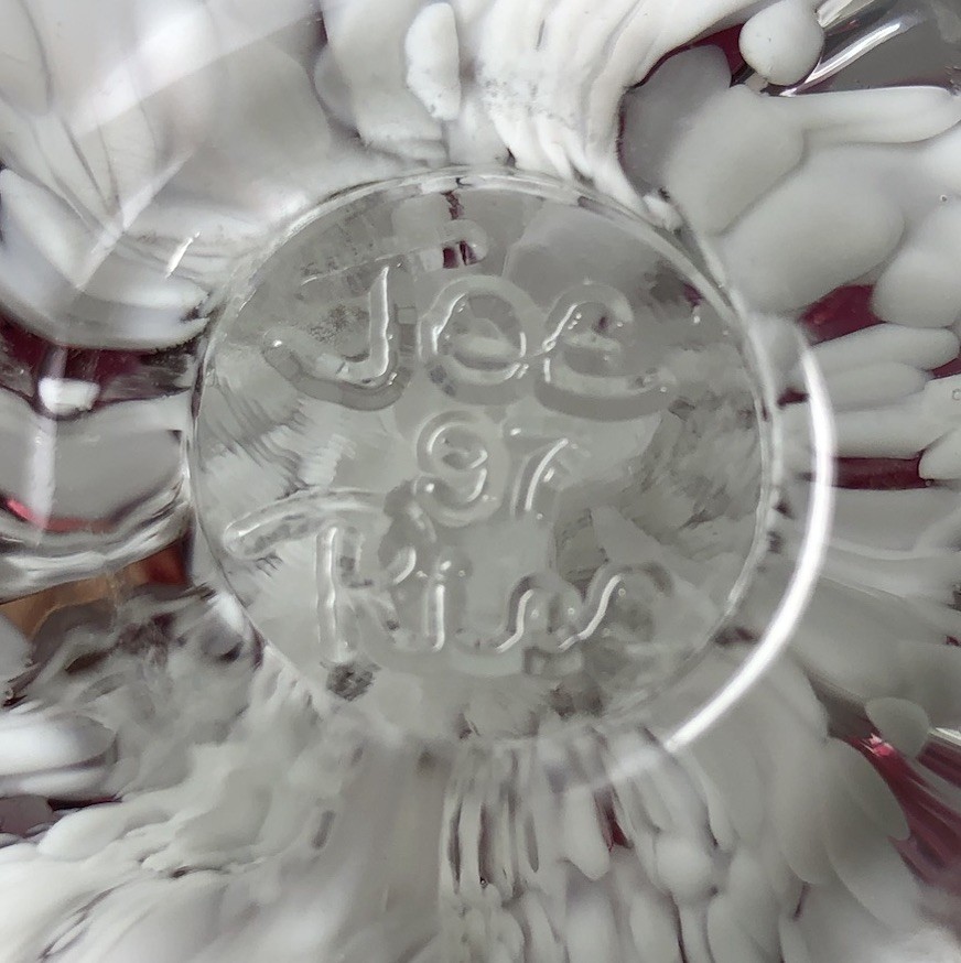 St Clair Art Glass Paperweight Artist Signed Joe Rice Pink Mauve Trumpet Flowers