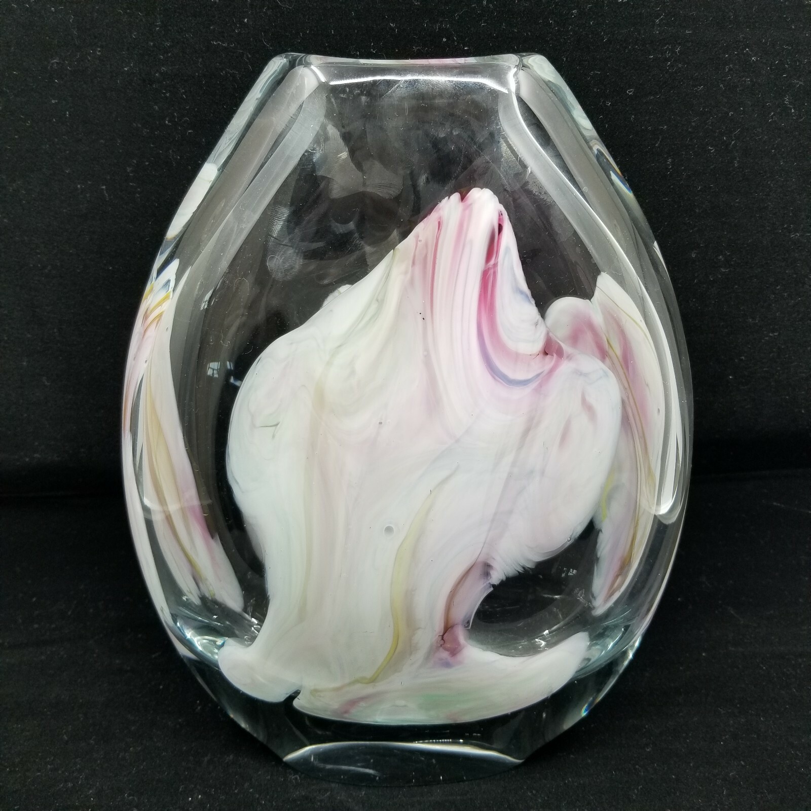Studio Art Glass Vase Pink White Swirl Clear Oval Organic Modern Decor 9.5″