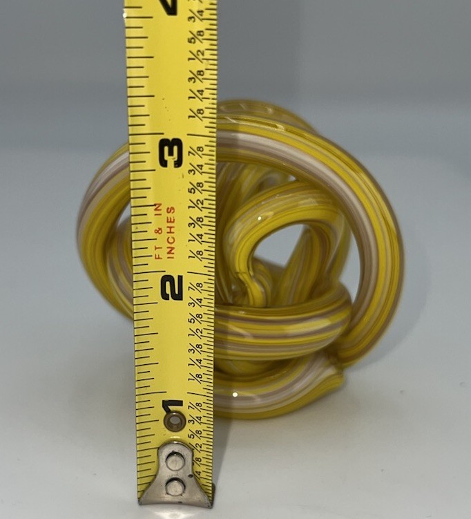 Art Glass Infinity Knot Paperweight Yellow, White, Light Brown Glass Modern
