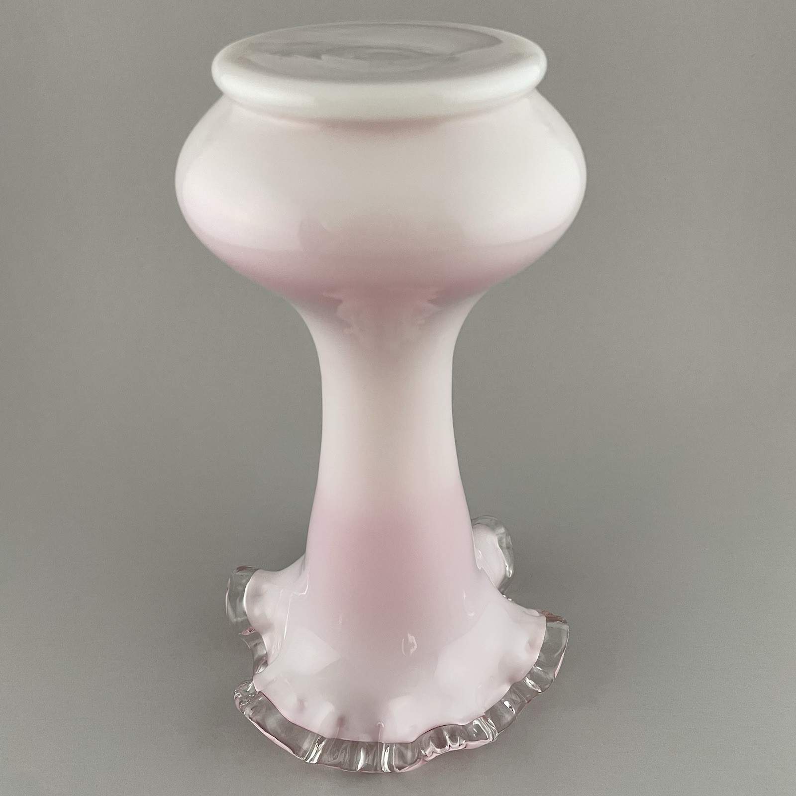 Vintage Fenton Peach Crest Vase Double Crimped Ruffled White Pink Cased Glass