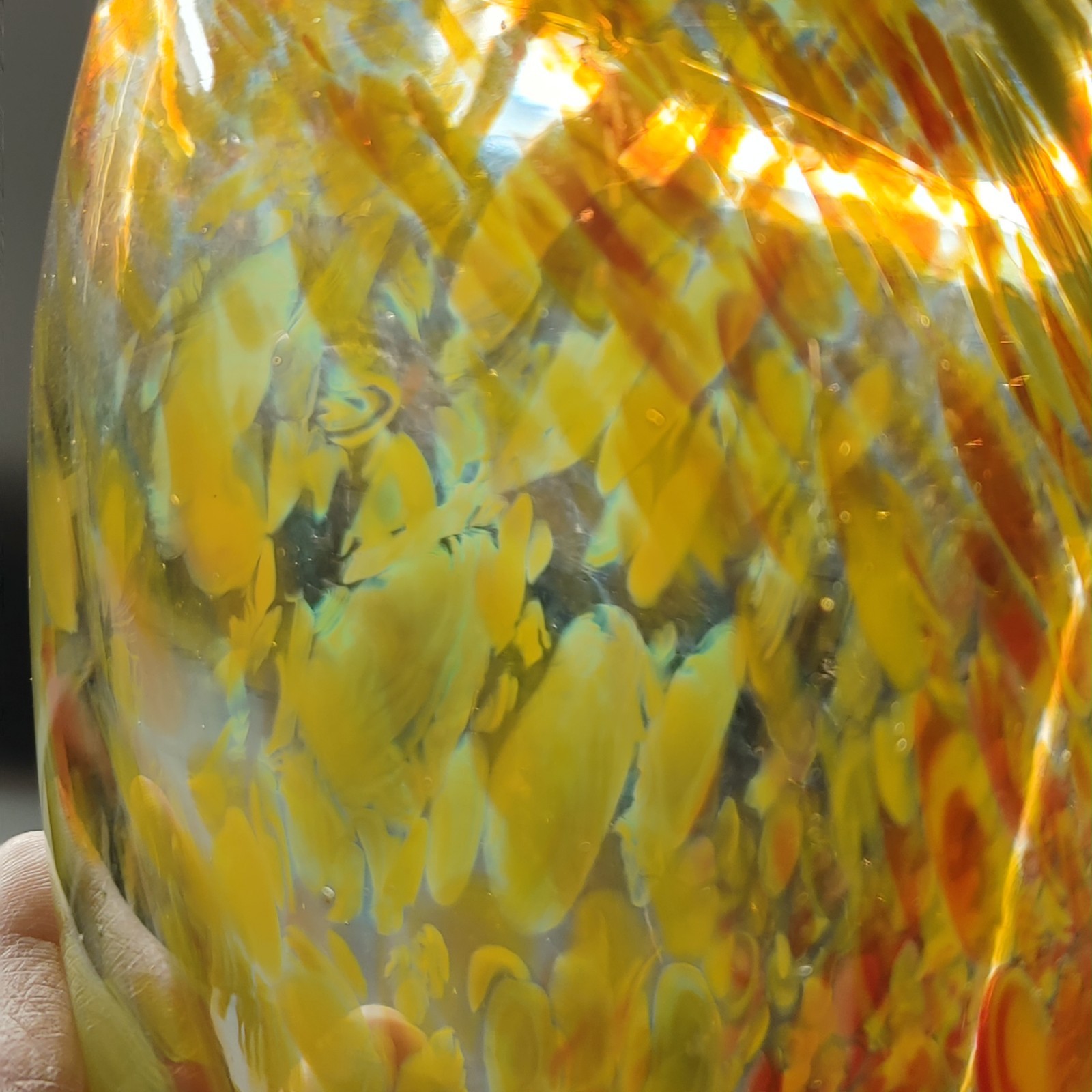 Art Glass Vase Red Yellow Green 8.5″
