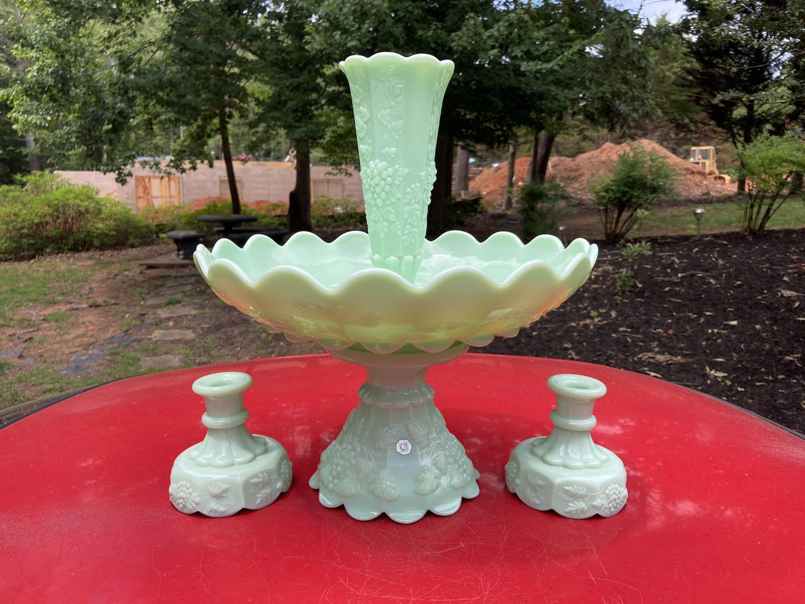 Very Rare Westmoreland Green Mist / Jadite / Paneled Grape Epergne W Candlsticks