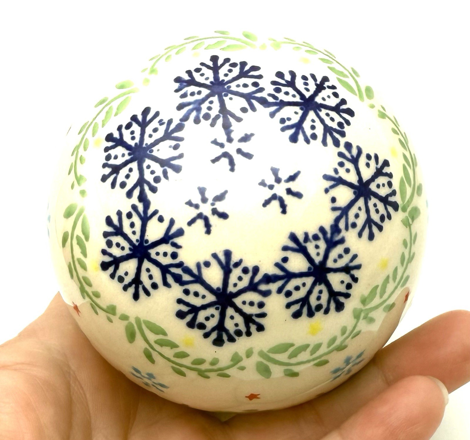 Polish Pottery Ball Christmas Ornament Reindeer Snowflakes 3” Blue Rose?