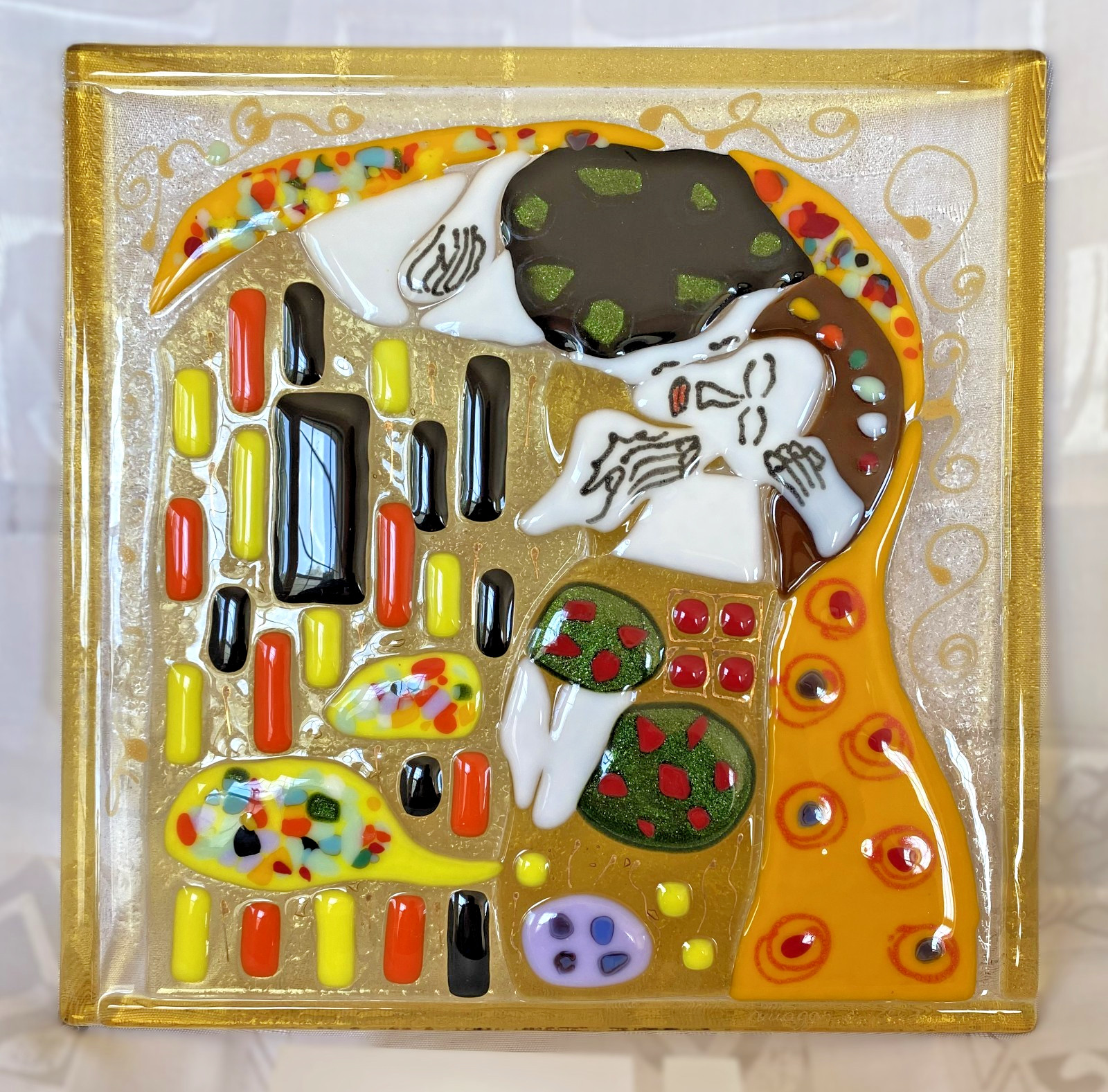 “The Kiss”, Murano Fused Glass Panel inspired by Gustav Klimt, 11.5×11.5 inches