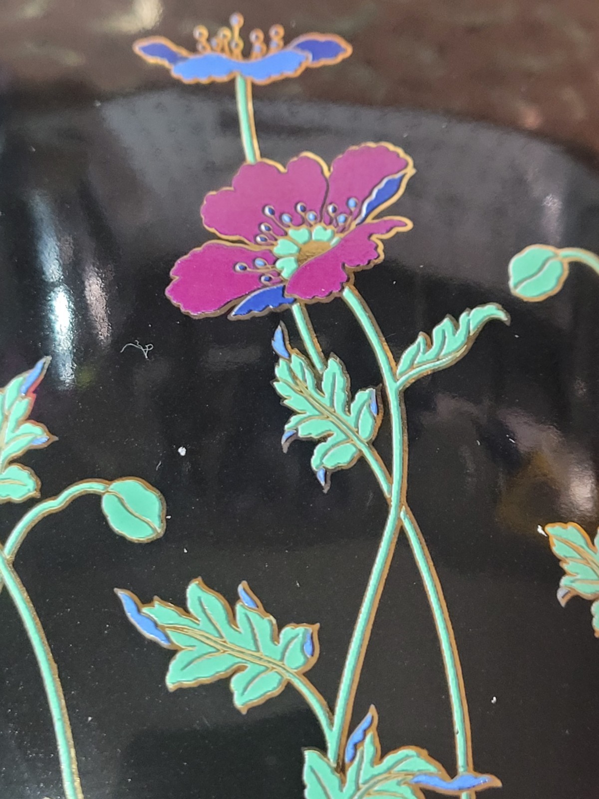 Vintage Japanese Black Glaze Vase Hand Painted Floral Gold Detail Ceramic