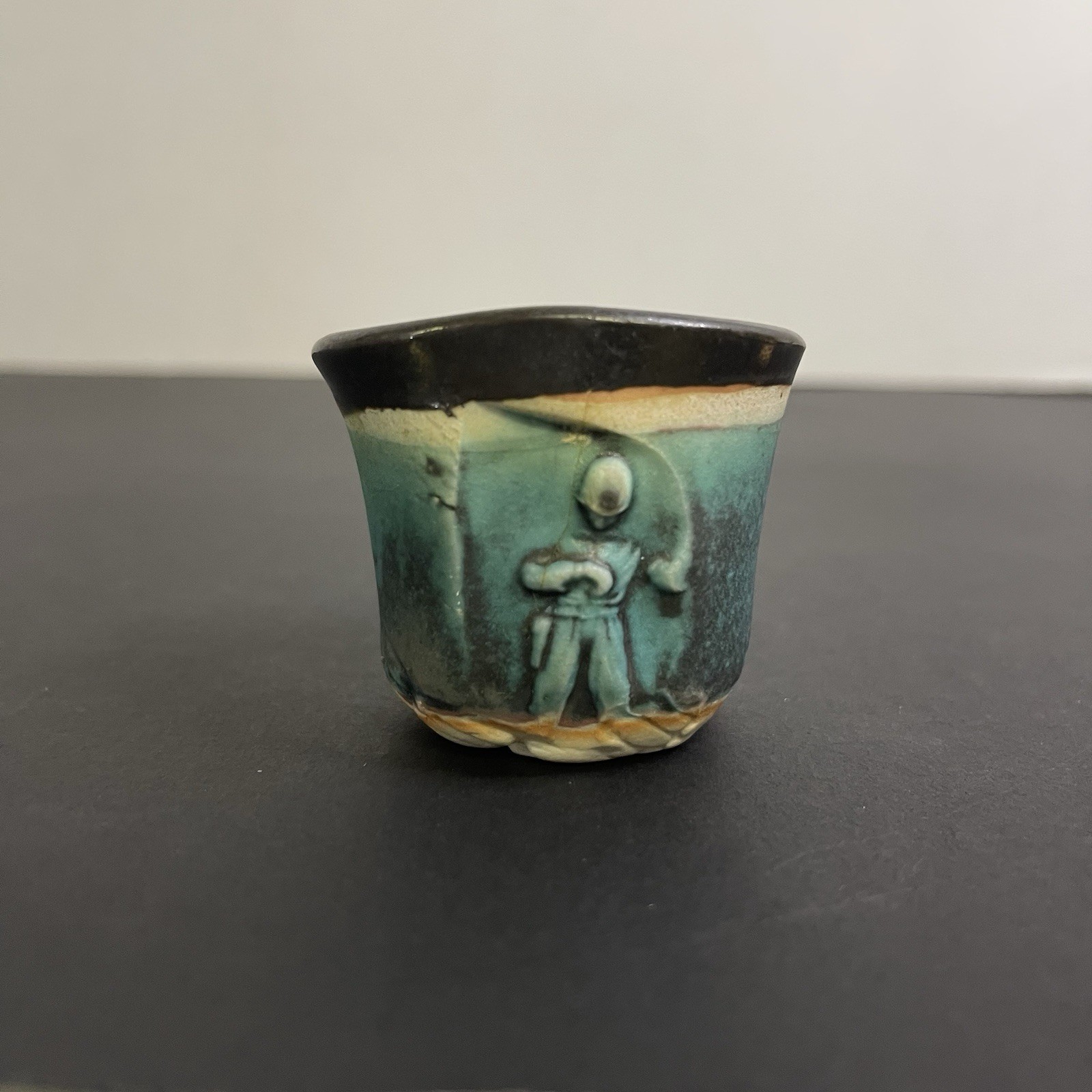 Military Reduction Fired Stone Mini Cup Turquoise Soldier Relief Handmade Art
