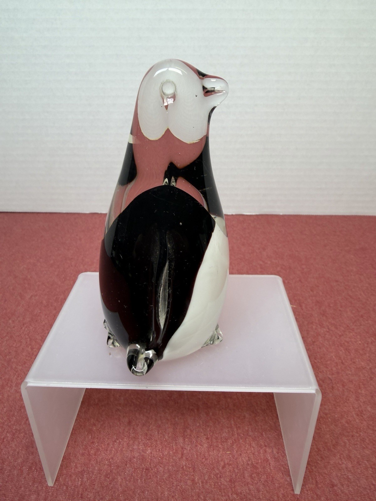 Penguin Hand Blown Art Glass Paperweight Figurine Black White Clear Vintage 5″