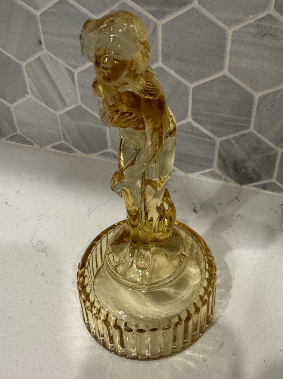 Vintage Imperial Glass Cambridge Bashful Charlotte Venus Rising Nude Lady Amber