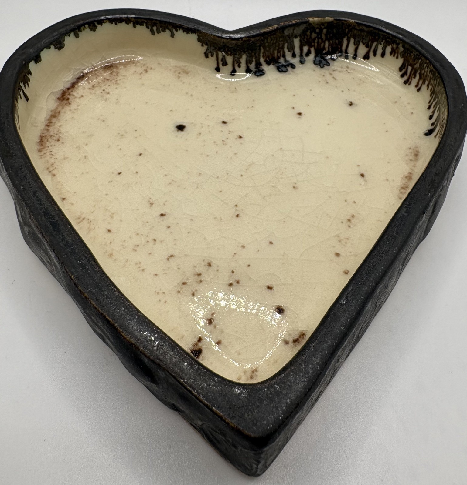 Heart, 5 1/2 X 5 1/2 inches, 1 inch deep,black and white, ceramic, crackle glaze