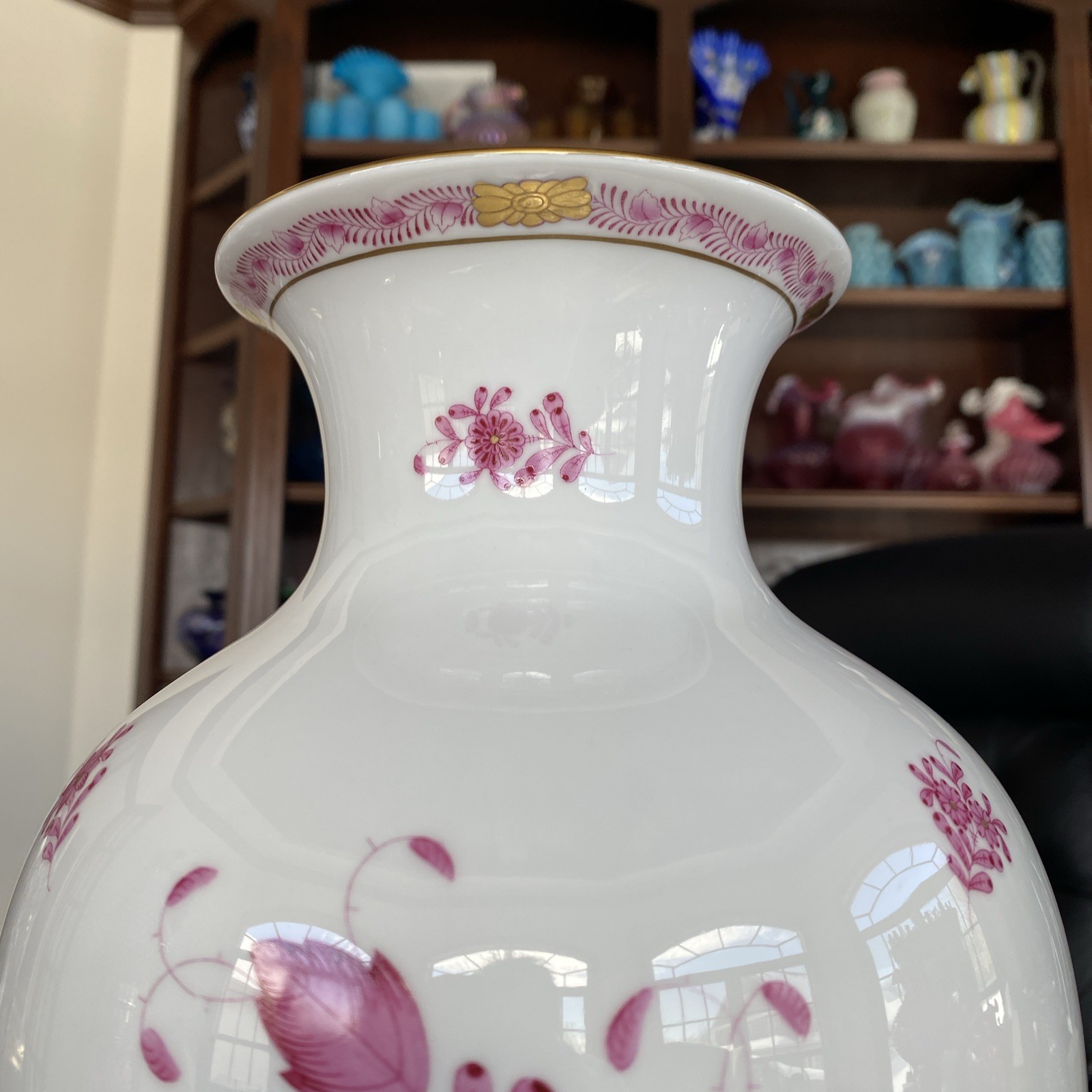 Incredible 12.5” Herend Vase in the Chinese Bouquet Apponyi Raspberry. 24K Gold