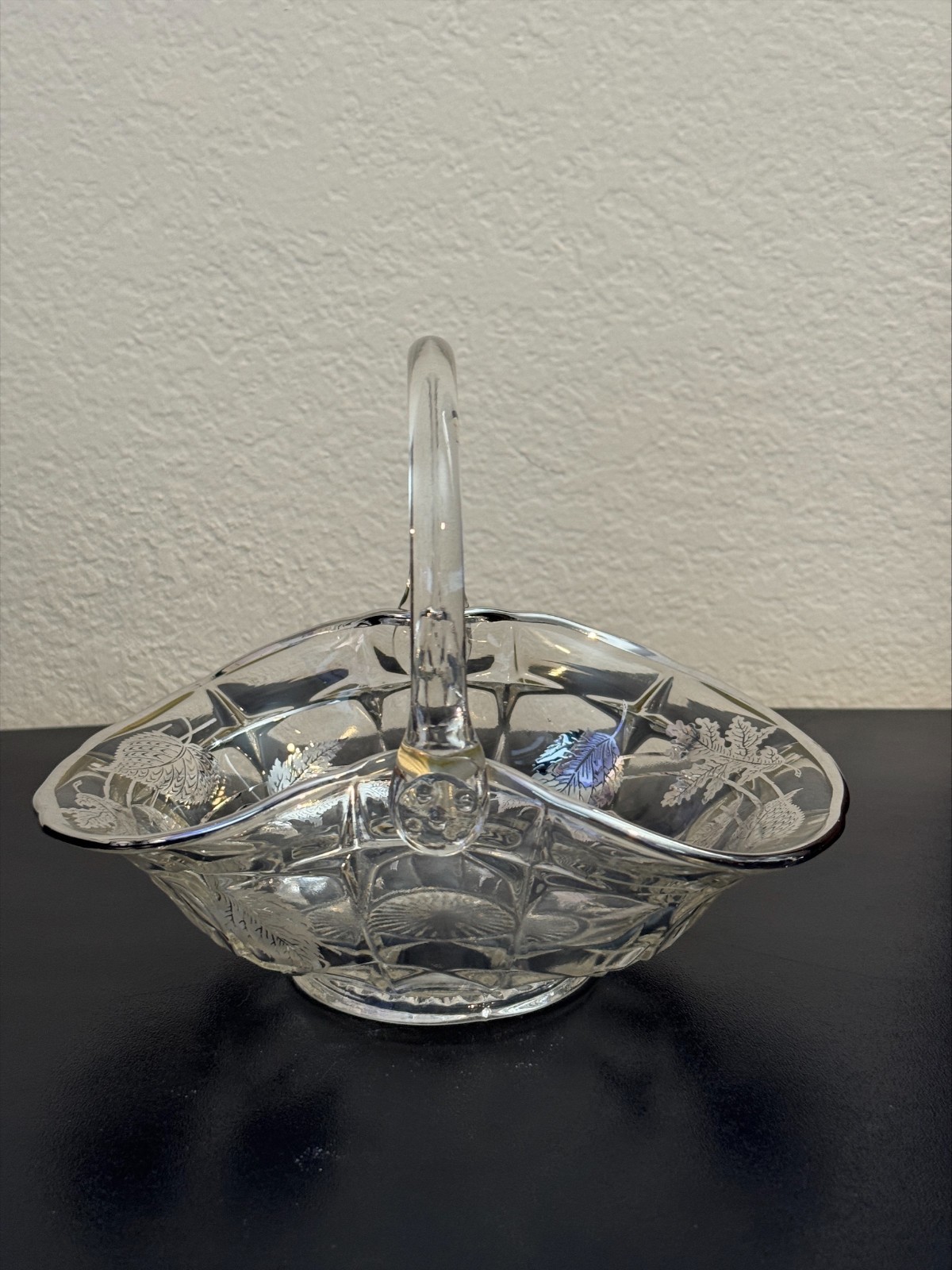 Vintage Cut Crystal Basket Silver Overlay Leaf Design Starburst Base Mid-Century