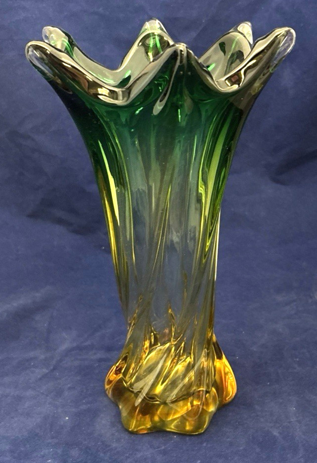 Vintage Yellow & Green Twisted Art Glass Vase 11.75″ Tall