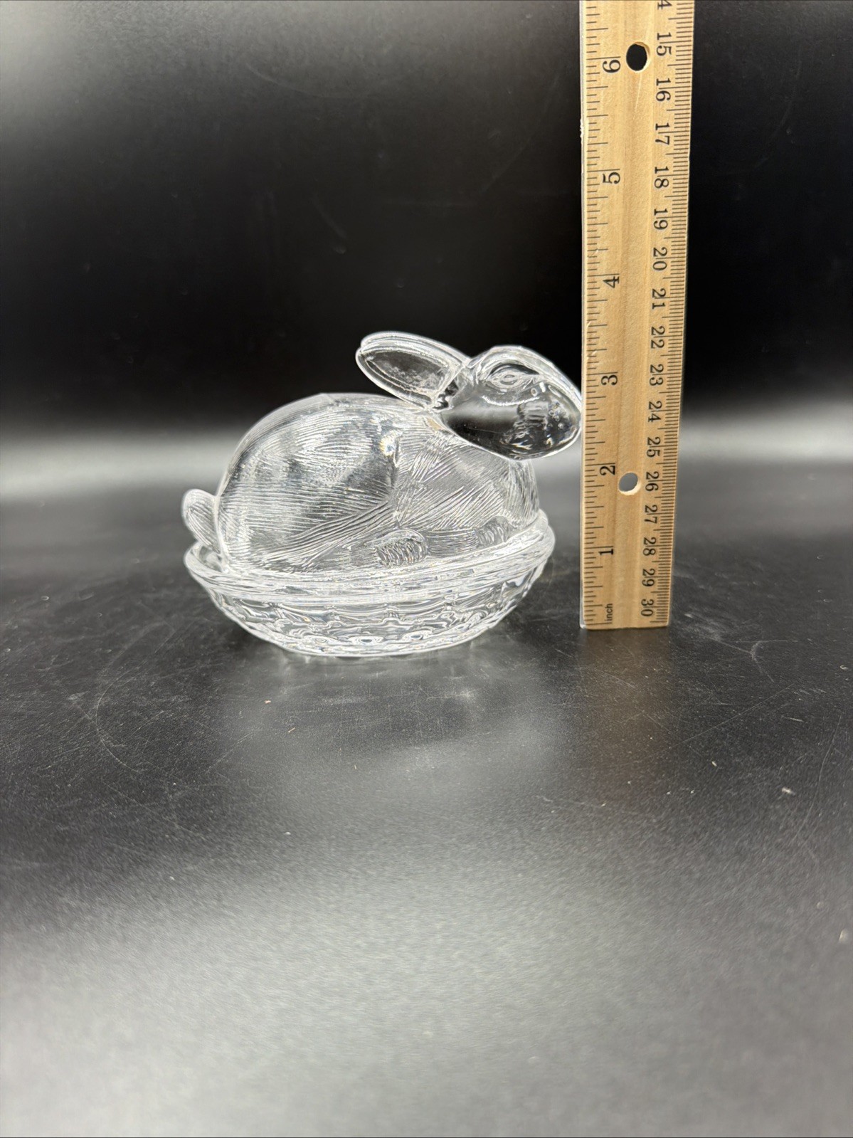 Clear Bunny On Nest Basket Weave Bottom Vintage Candy Dish