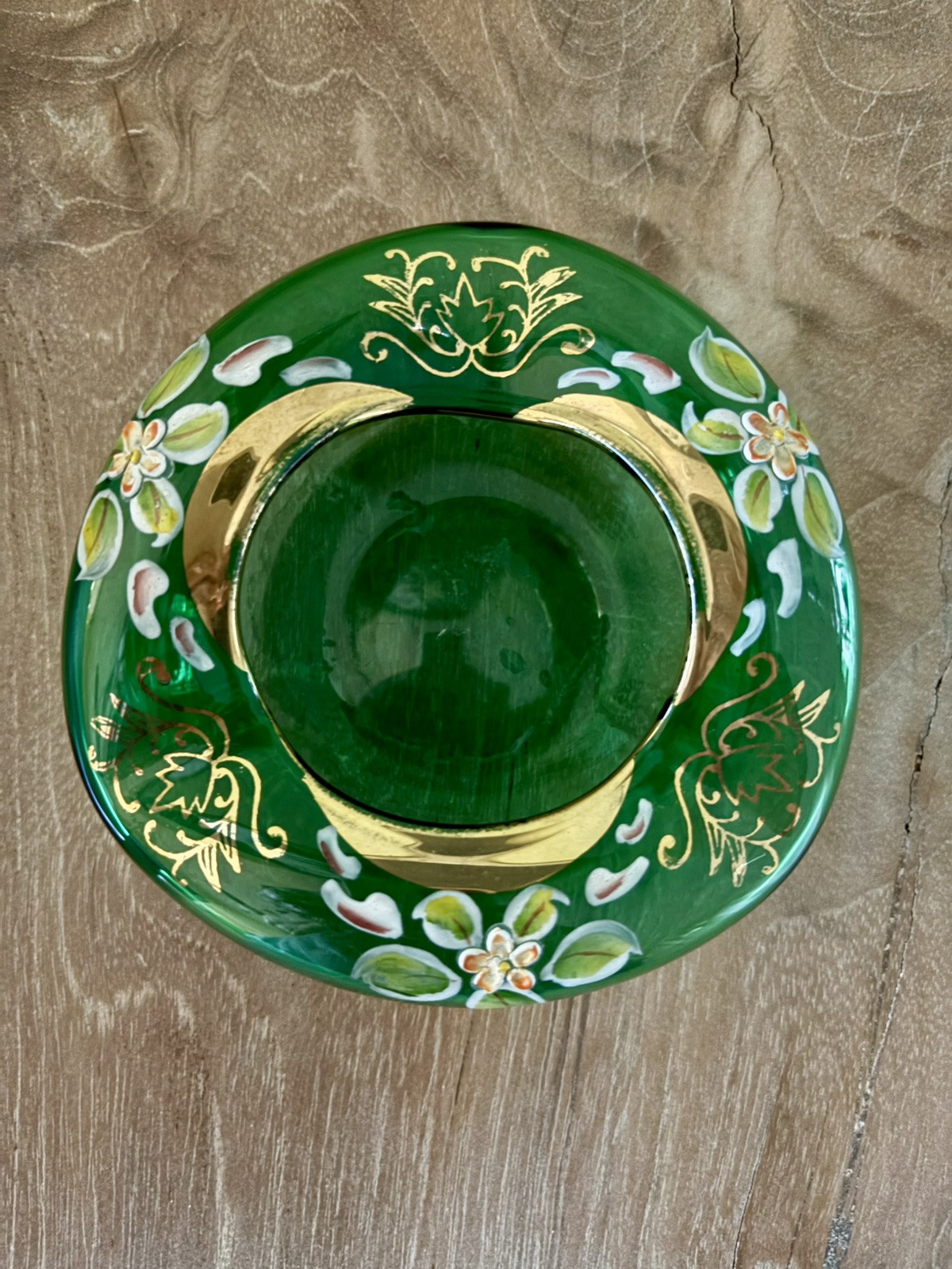 Vtg Hand Painted Emerald Green Bohemian Art Glass Czech Ashtray Flowers 22k Gold