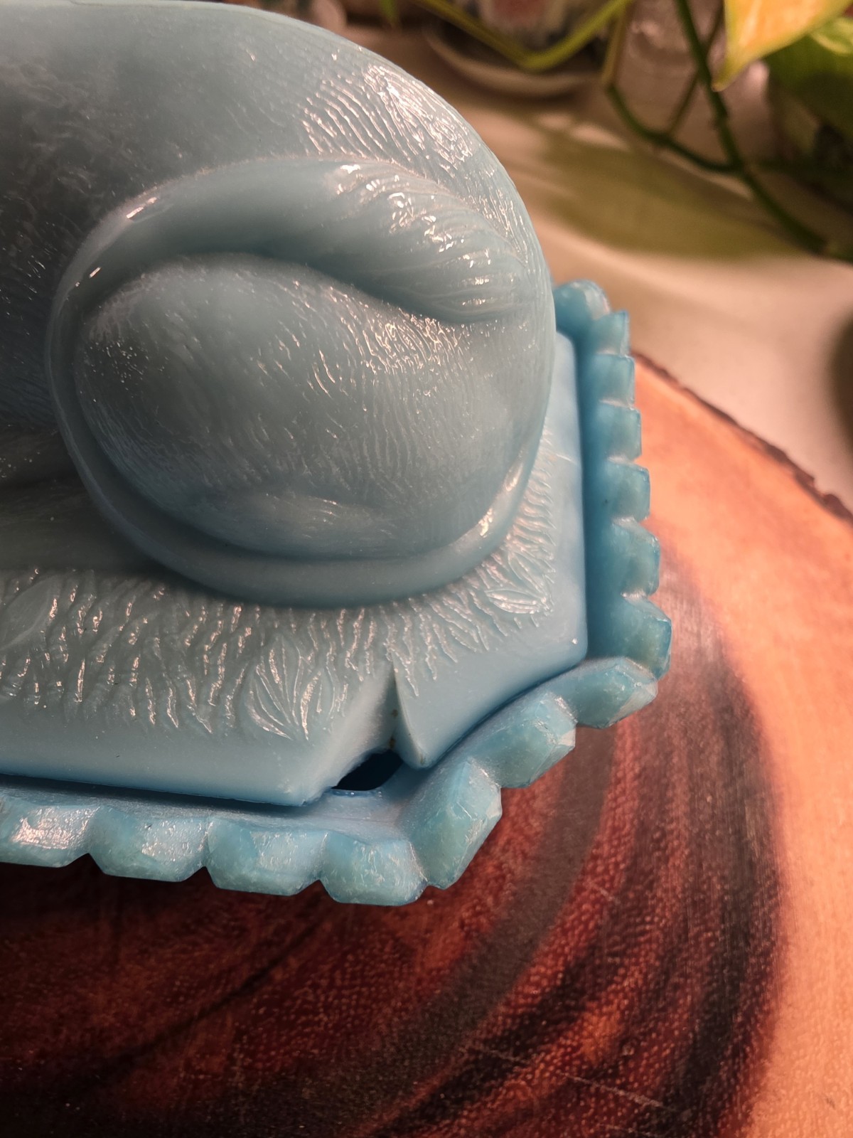 Antique Westmoreland LION Blue And White Milk Glass Lidded Picket Dish RARE Flaw
