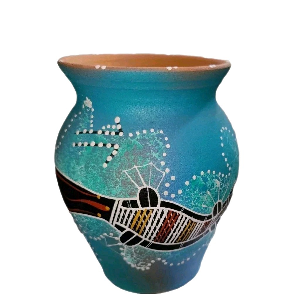 Studio Pottery Vase J Walker Australia Aboriginal Blue Black Kangaroo Lizard Art