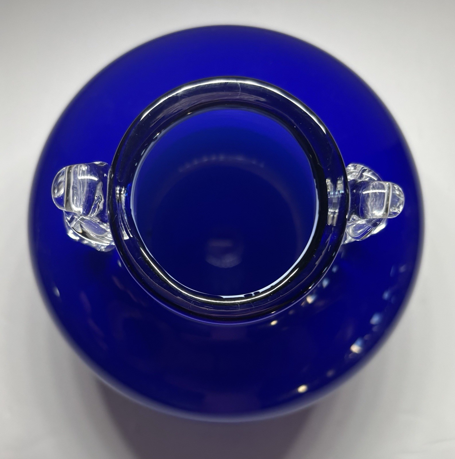 Beautiful Hand Blown Art Glass Cobalt Blue Vase 6” X 5” W Handles Vintage Decor