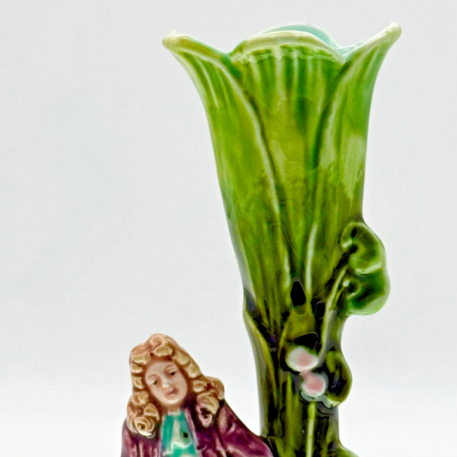 Antique French Majolica Bud Vase Figural Pottery Spill Vase Read