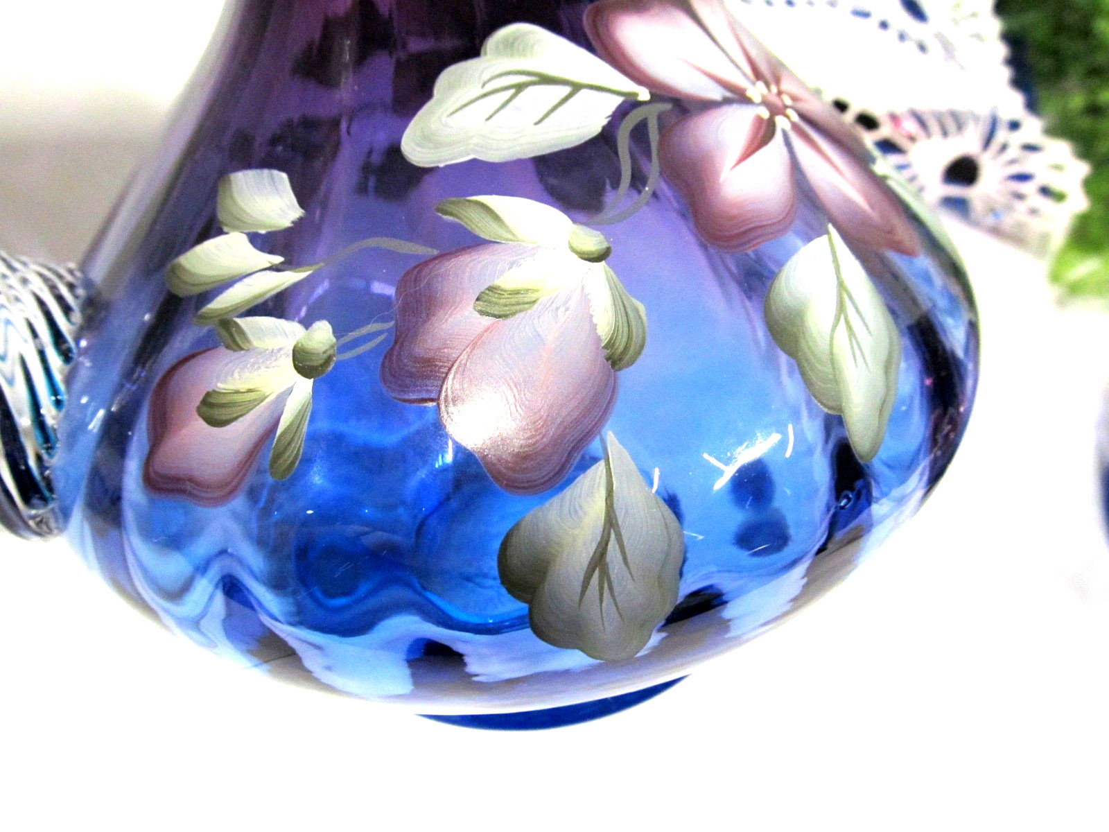 Fenton Art Glass pitcher in the “Mulberry” painted ladybug & flowers 355/1250