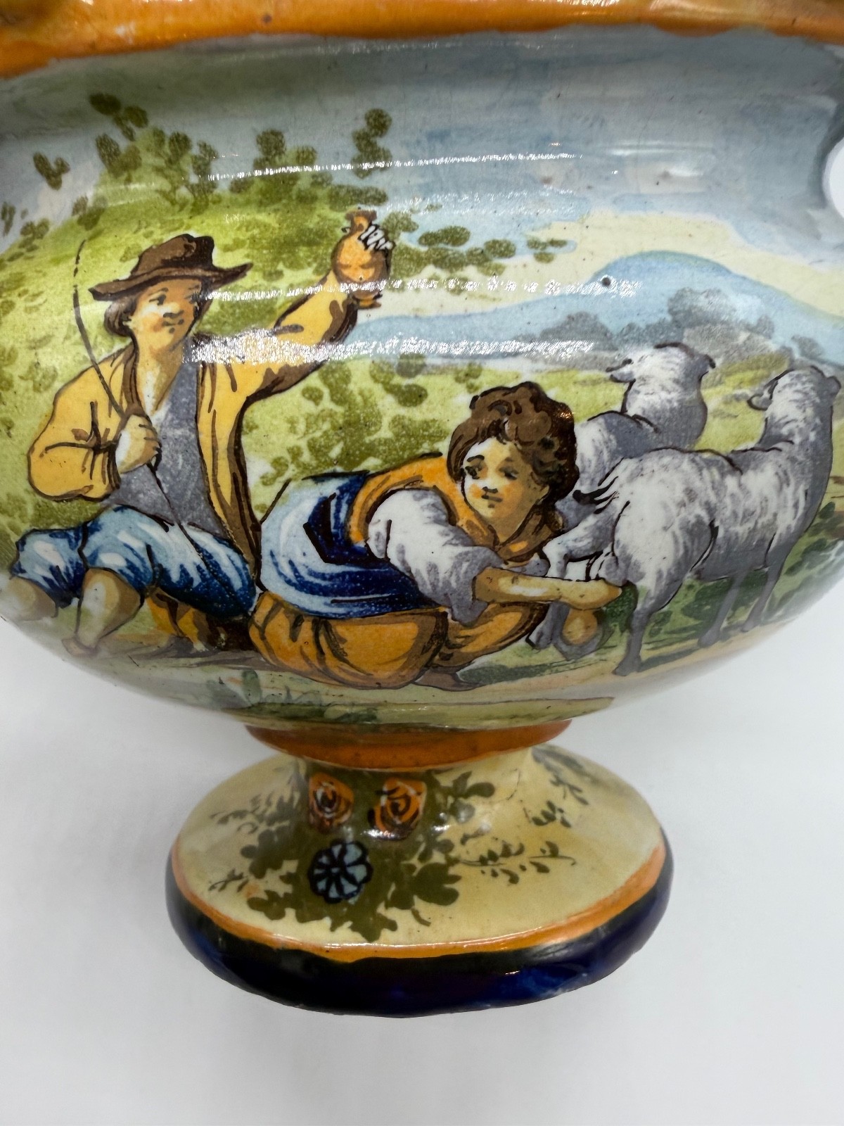 Italian Possibly Vintage Ceramic Vase w/ Shepherd Man & Woman w/ Snake Handles