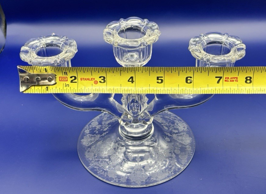 Vtg Pair Cambridge Corinth #3900/72 Three Light Candles Rose Point Etch 1950’s