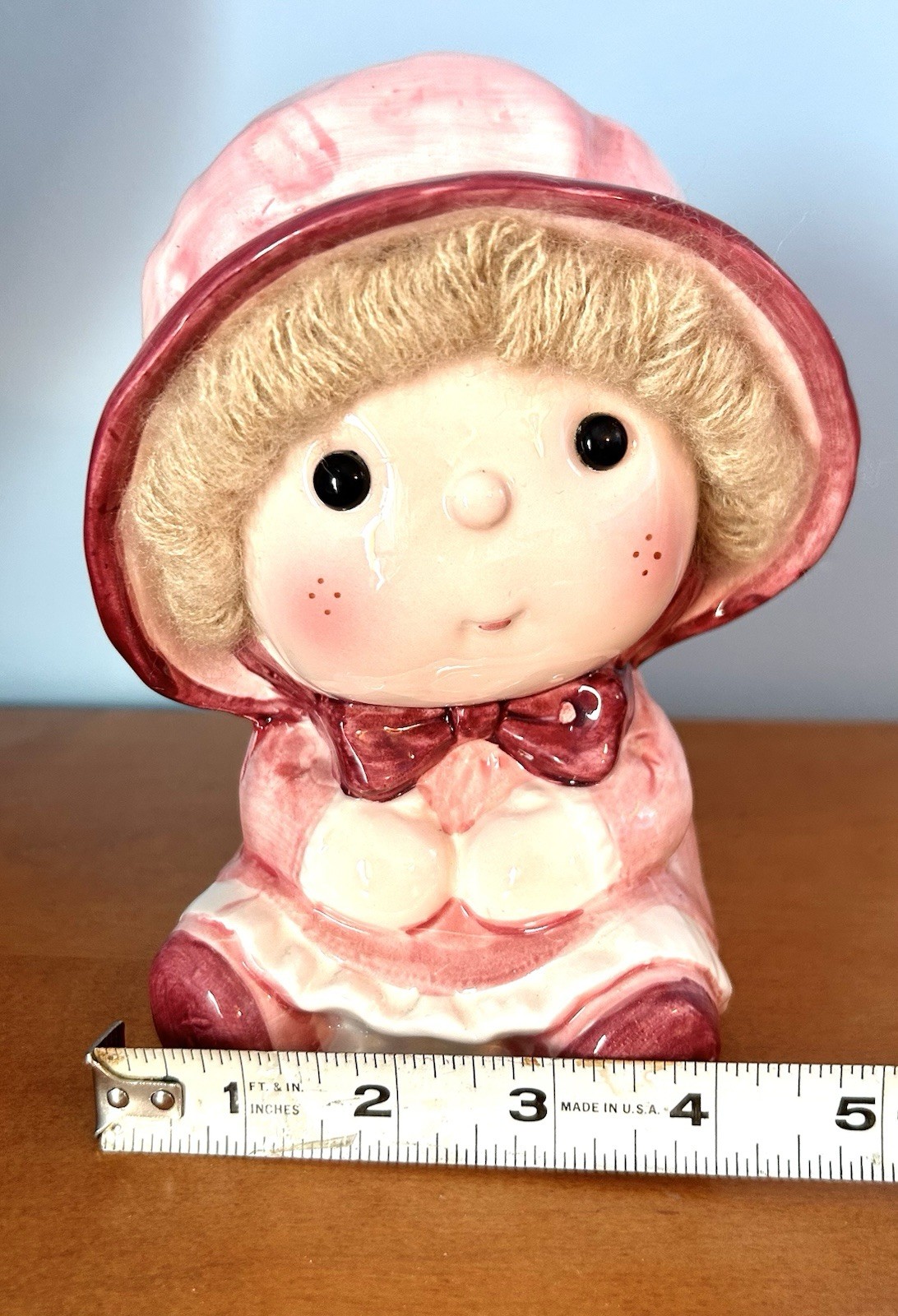 Vintage Pink Nancy Pew Big Eyed Doll Moppet Planter Vase W/ Yarn Hair Japan 6.5”