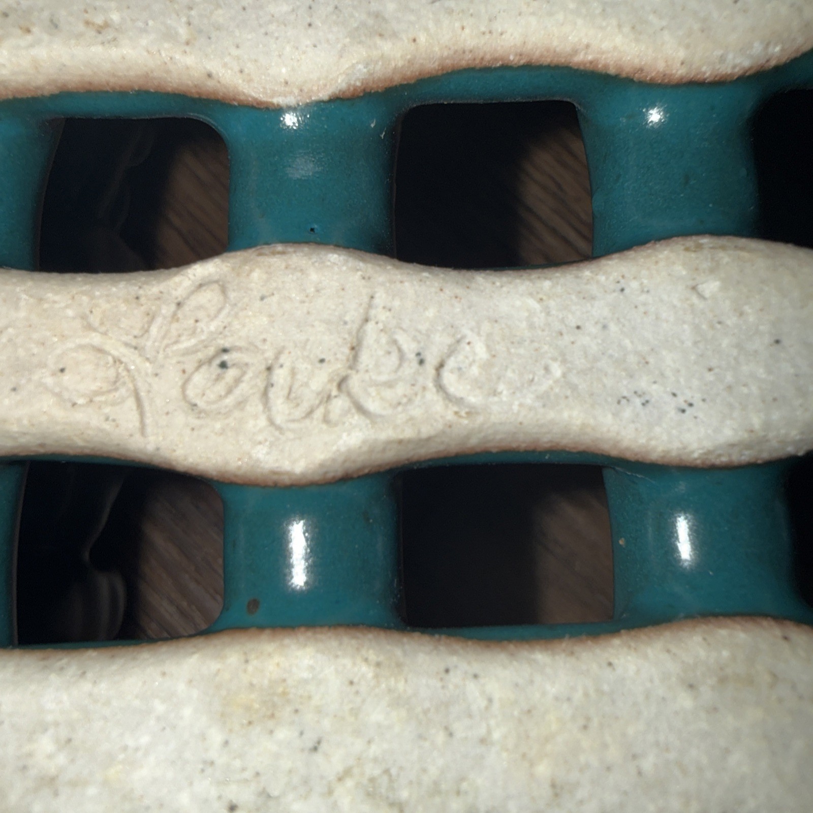Green Teal Rectangle Lattice Cottagecore Bread Fruit Basket Signed Pottery