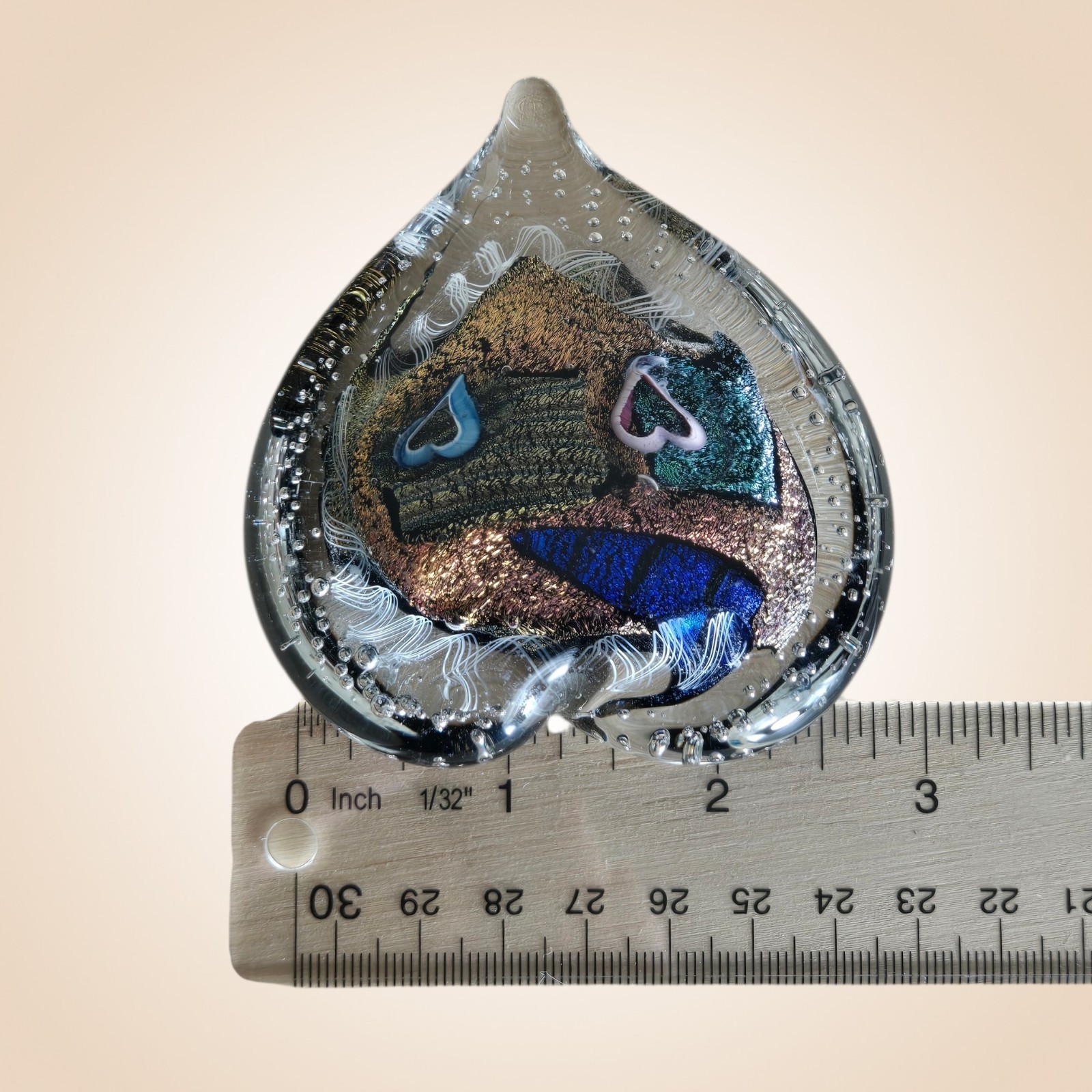 Randy Strong Paperweight Dichroic Metal Flake Puff Heart Art Glass 3.25″