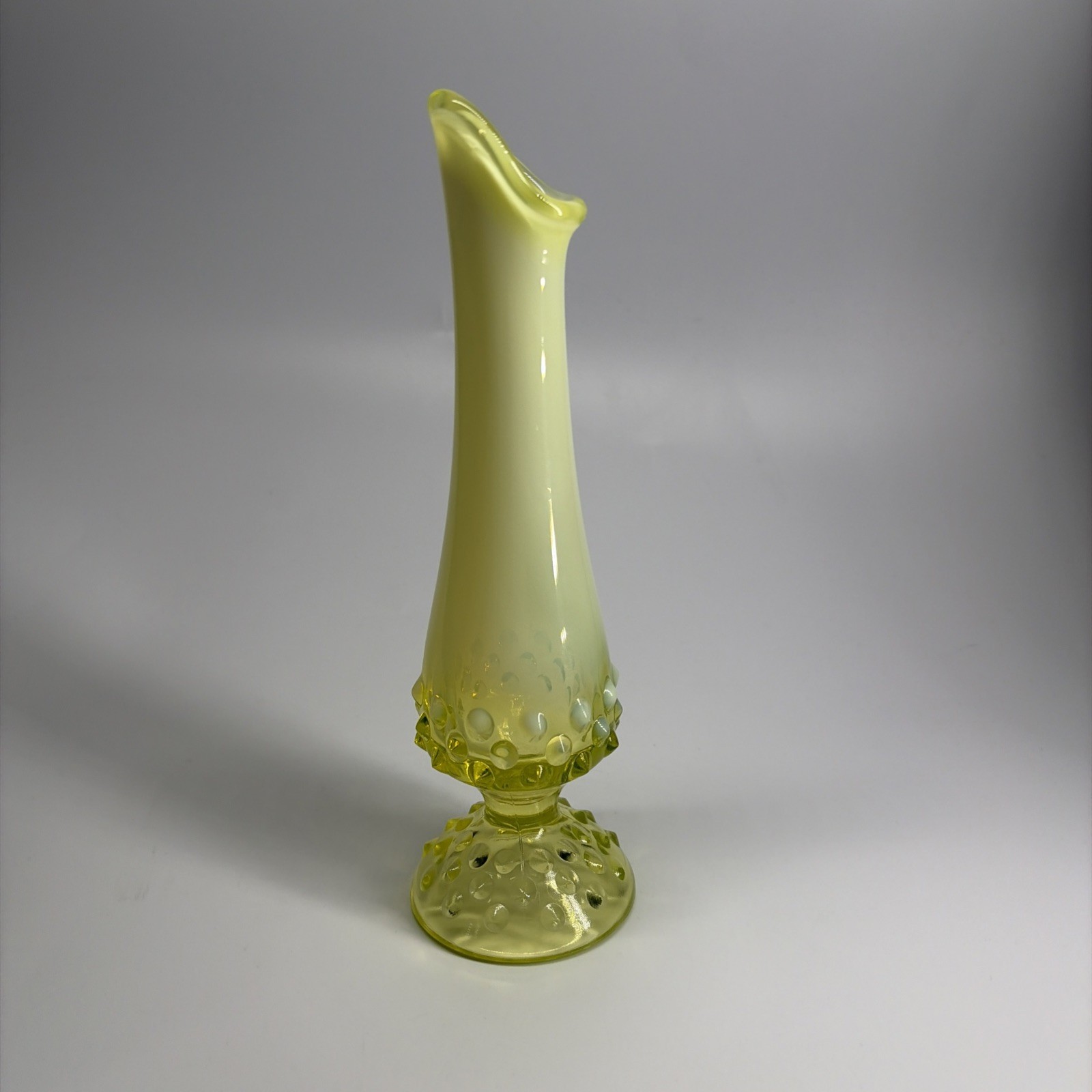 Fenton Topaz Opalescent Hobnail Swung Bud Vase 8″ Vaseline Uranium Glass UV Glow