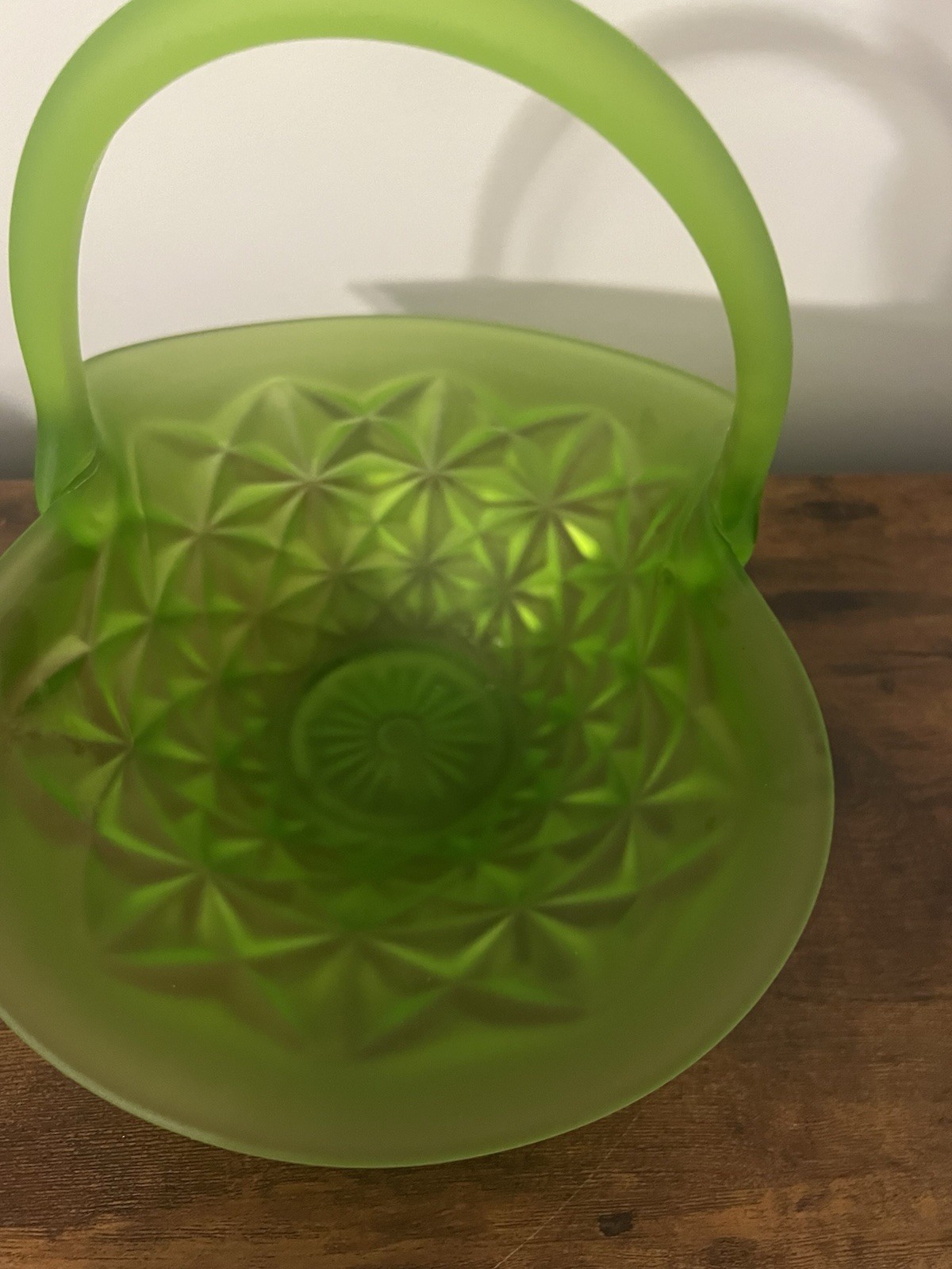 Westmoreland Satin Green Pressed Glass Basket 10” Daisy Pinwheel Pattern Vintage