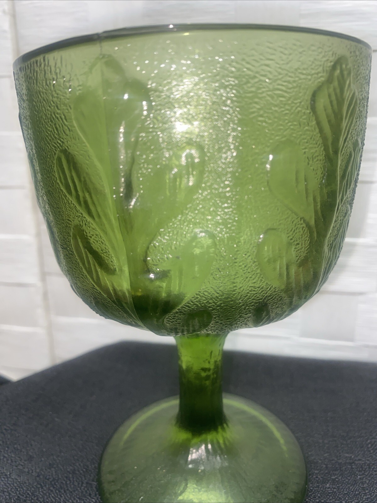Vintage FTD 1975 Green Glass Oak Leaf Goblet Candy Dish Vase