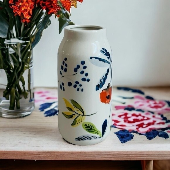 Threshold White Ceramic Vase Handcrafted Floral Print Stoneware 8″ Farmhouse New