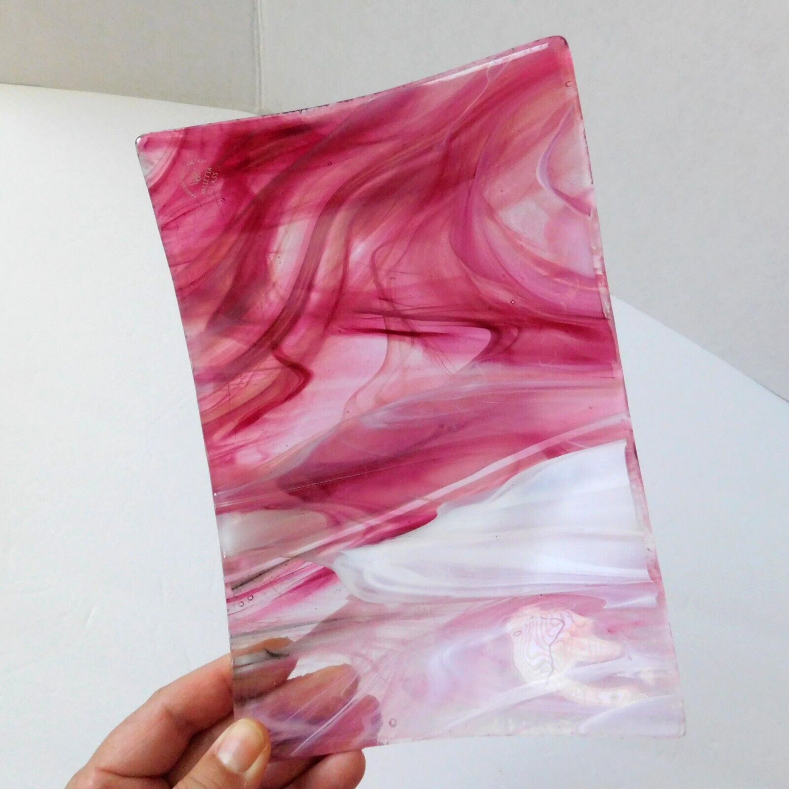 Valletta, Malta Art Blown Glass Pink Candy Dish, 8×5 Marbled Swirl Rectangle EUC
