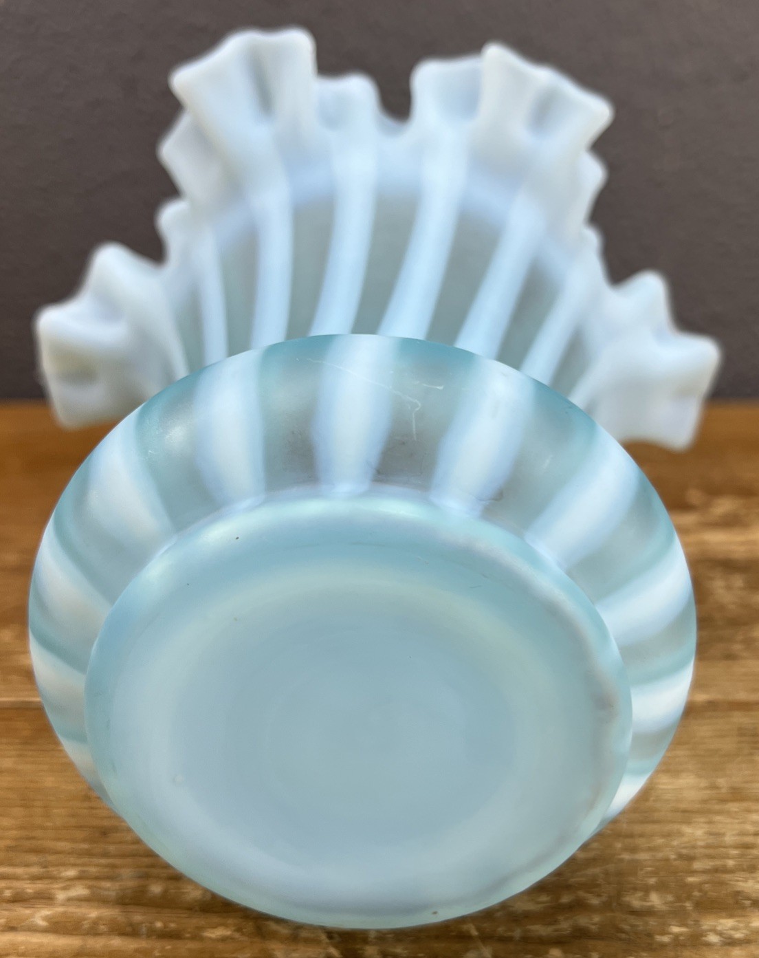 Fenton 1950’s Blue Opalescent Satin Rib Optic Striped Ruffle Rim Glass Vase