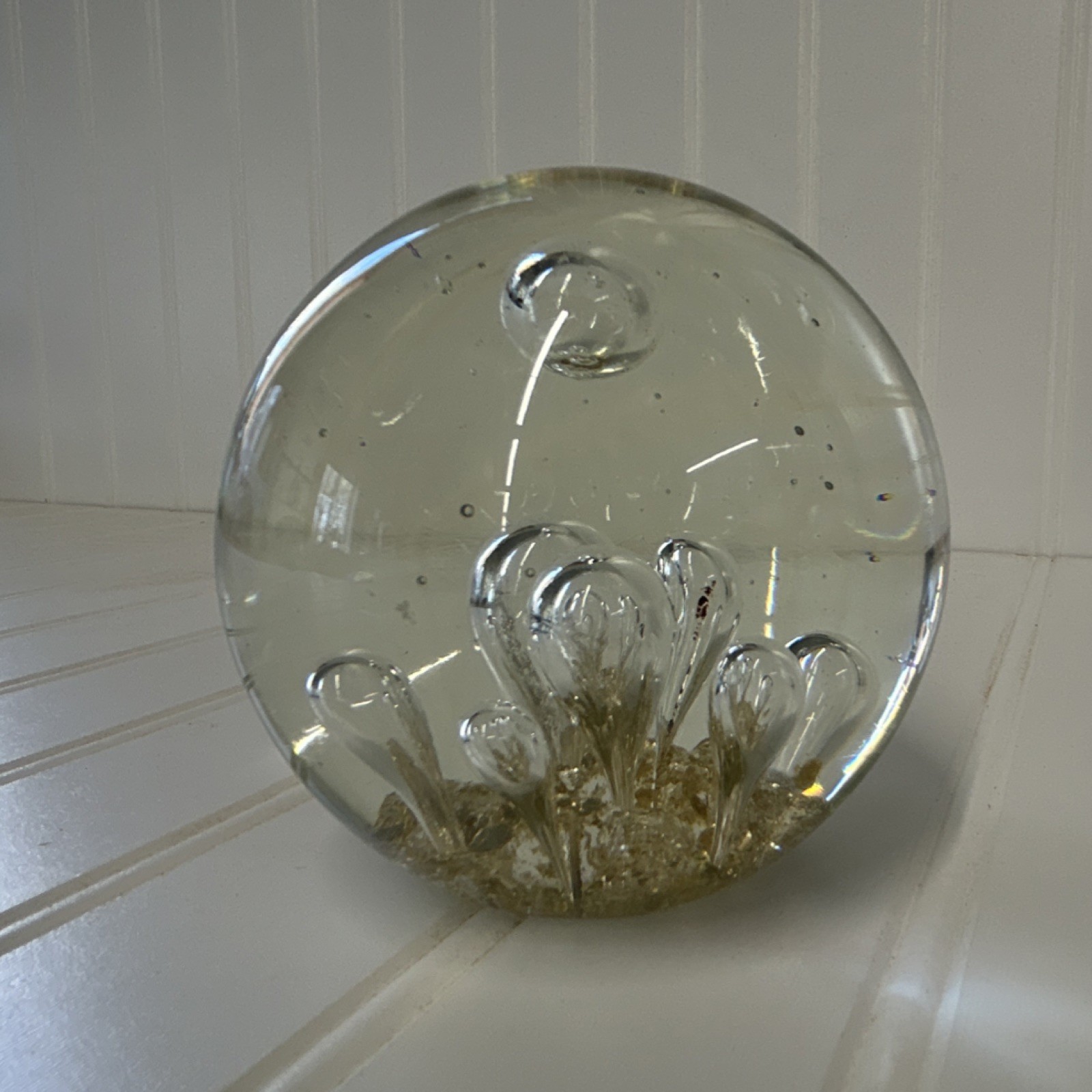 Hand Blown Art Glass Paperweight Clear Gold Decorative Glossy Finish