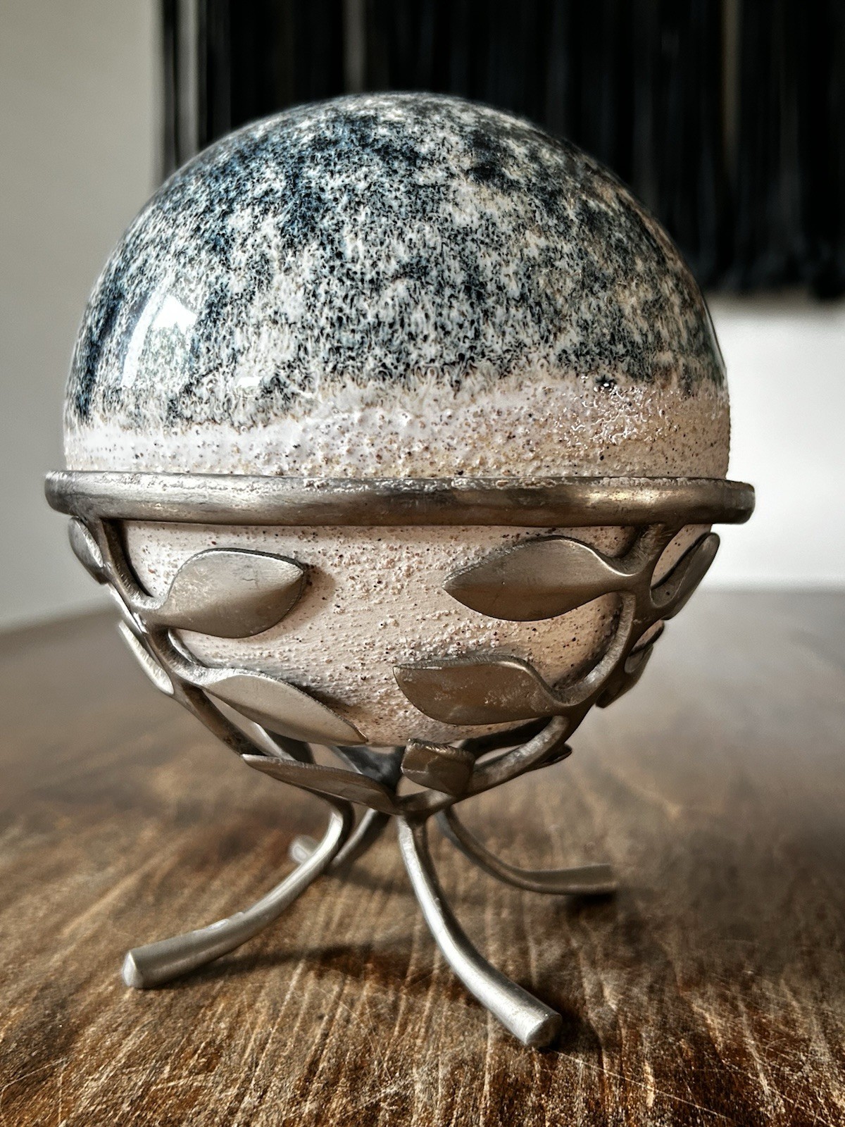 Pottery Ceramic Azurite Orb On Metal Stand Rough On Bottom Smooth On Top