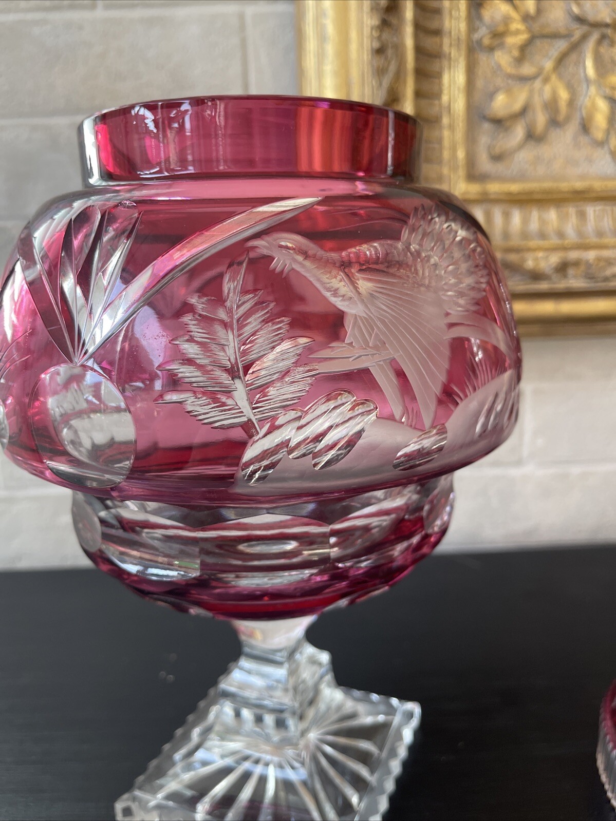 Bohemian Cranberry Crystal Czech candy box covered in Red double tail glass