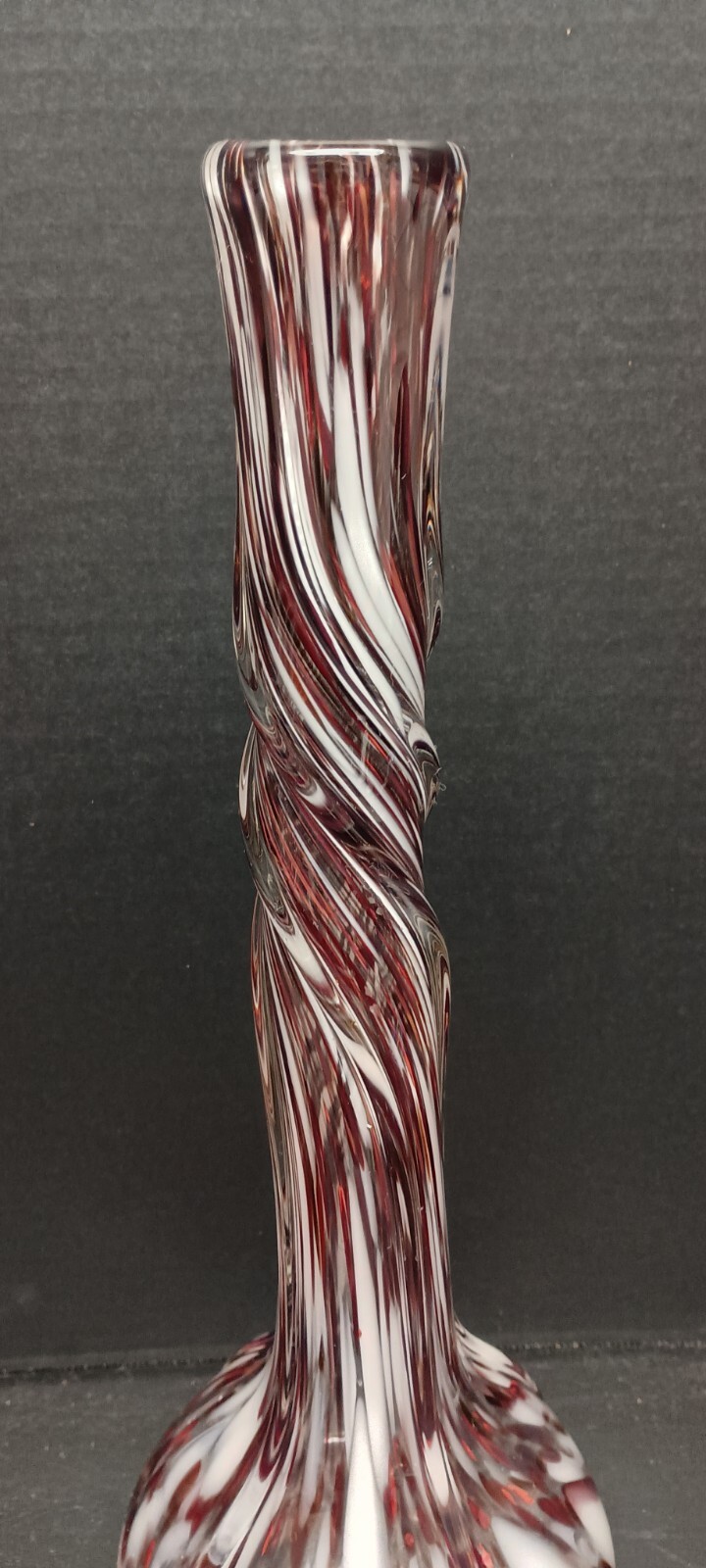Vintage Blown Art Glass Murrhina Twisted Stretch Vase Crimson White & Clear 14″