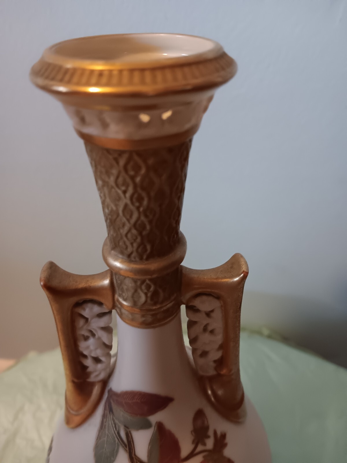 Royal Worcester Gold Gilt Fern Leaves & Blush Ivory 10 1/8 Inch Vase Circa 1887