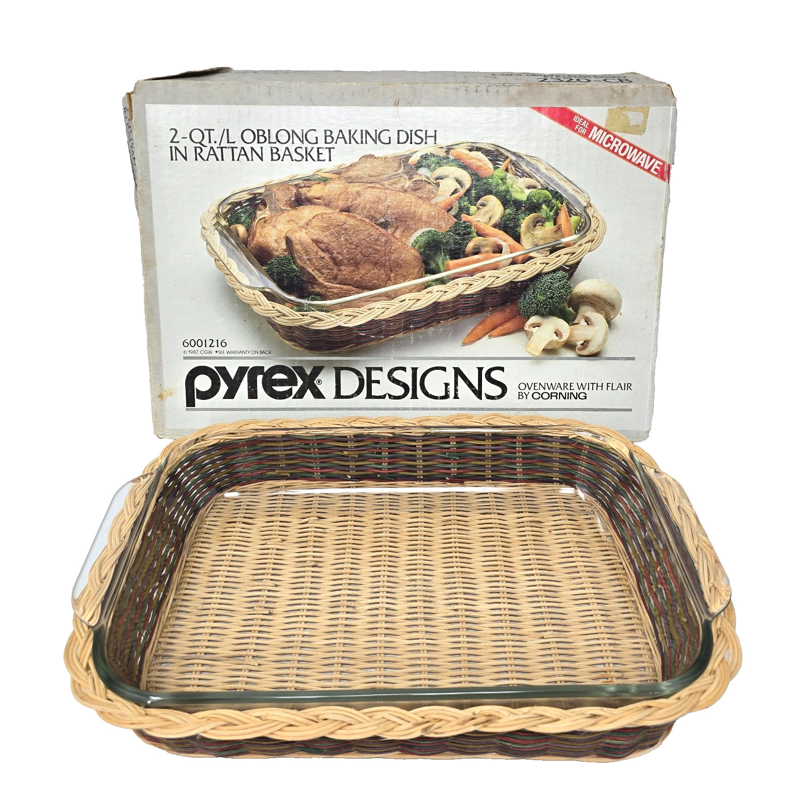 Vintage 1987 PYREX Designs 2-QT OBLONG Baking Dish Rattan Basket