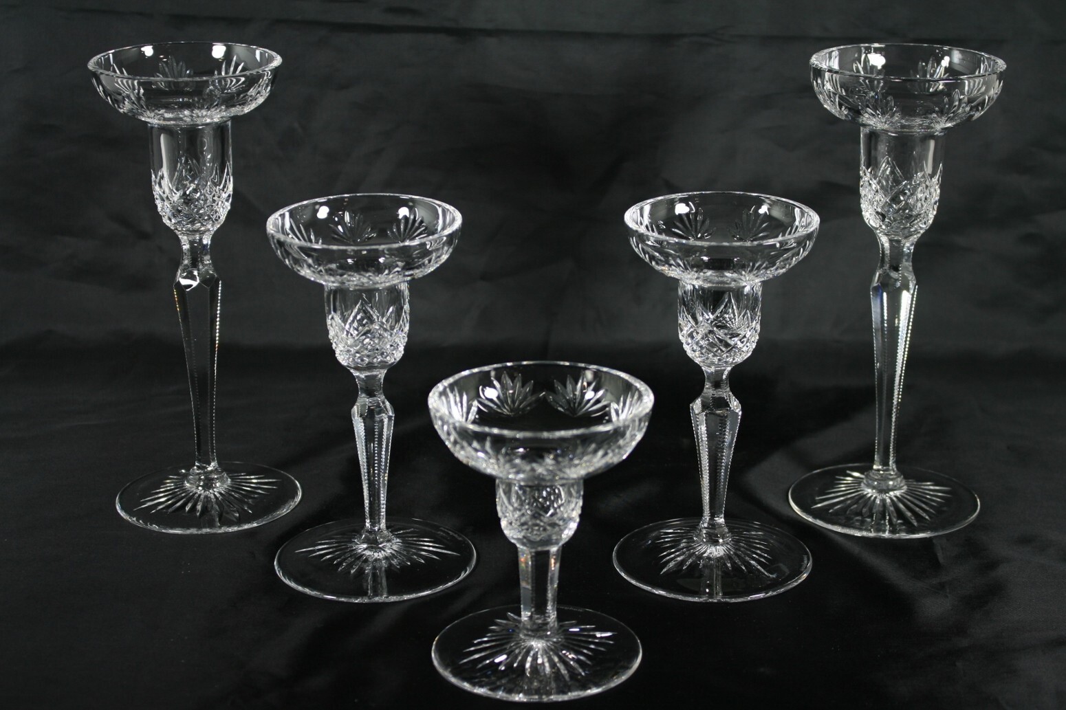 WEDGWOOD CRYSTAL MAJESTY CANDLE HOLDERS (1) 4″, (2) 5 7/8″, (2) 7 7/8″-5 PCS.