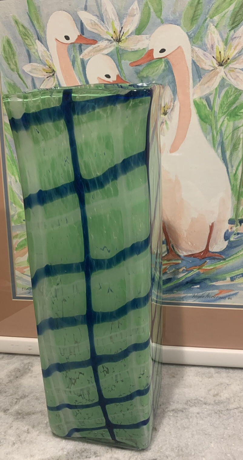 Modern Art Glass Square Vase Green White Clear Deep Blue 15.75”T 5”Sq Contemp EC