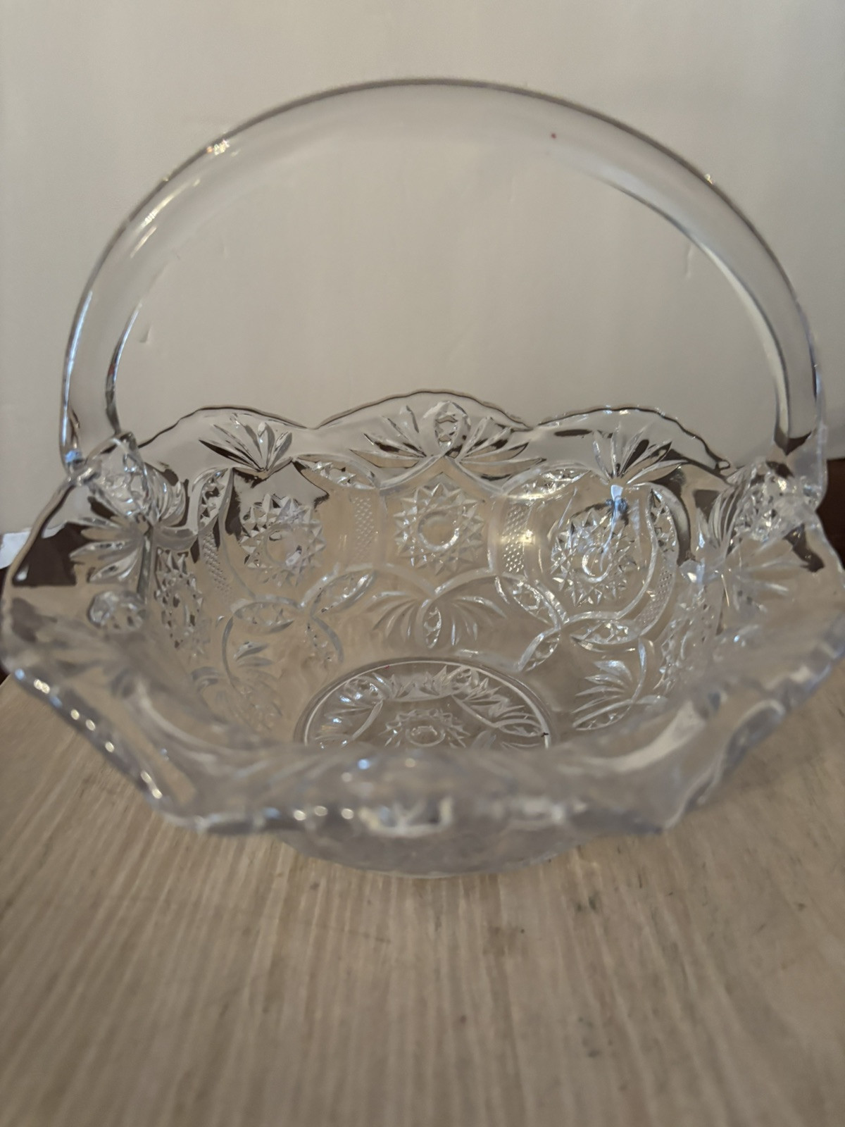 Vintage Glass Handle Basket With Scalloped Edges And Star Burst Design