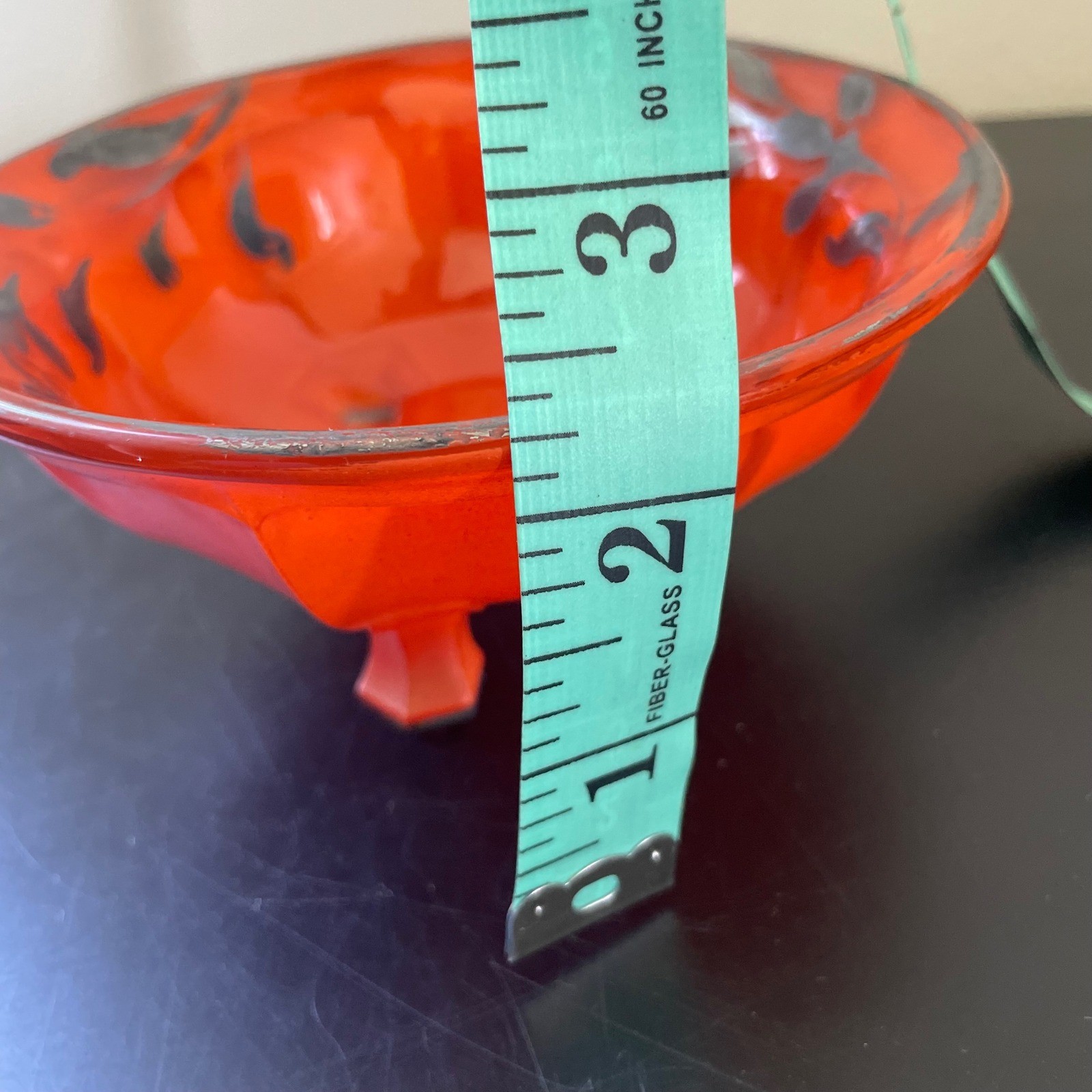 Vintage Art Deco Tripod Glass Bowl Dish Faceted Orange Silver Paint Leaf Design