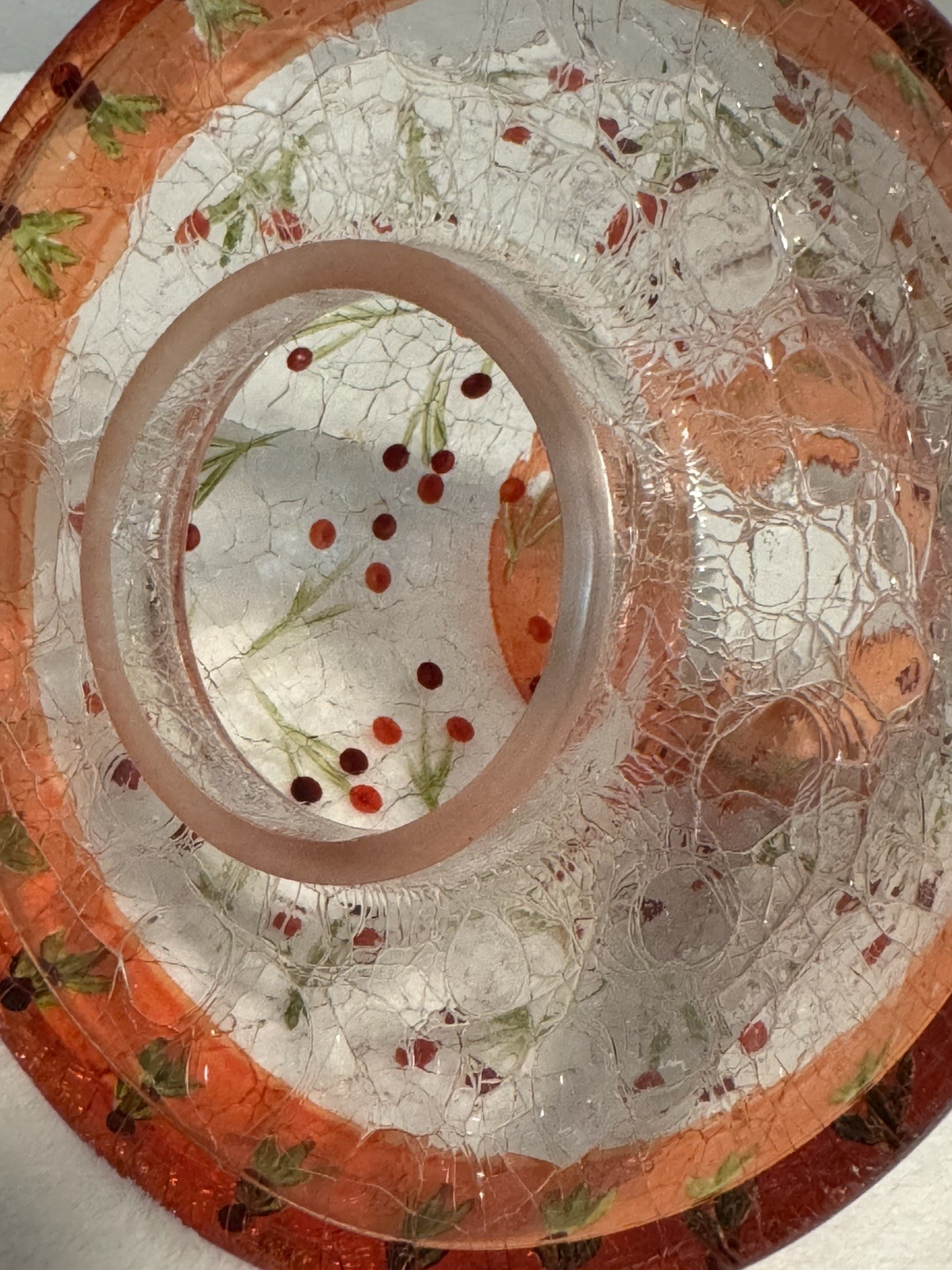 Vintage Crackle Glass Candle Holder Shade Plate Set Hand Painted Red Berries H5”