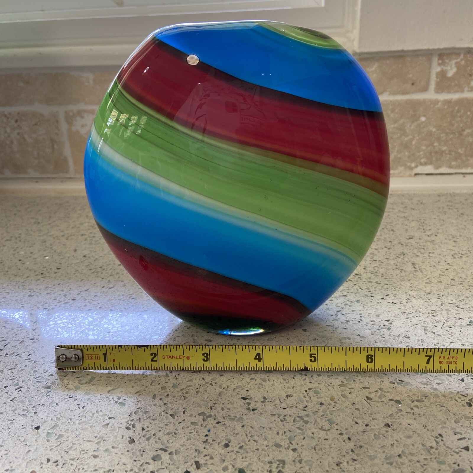Murano Hand Blown Blue Red Cased Colorful Swirl Art Glass Multicolor 6 Inches