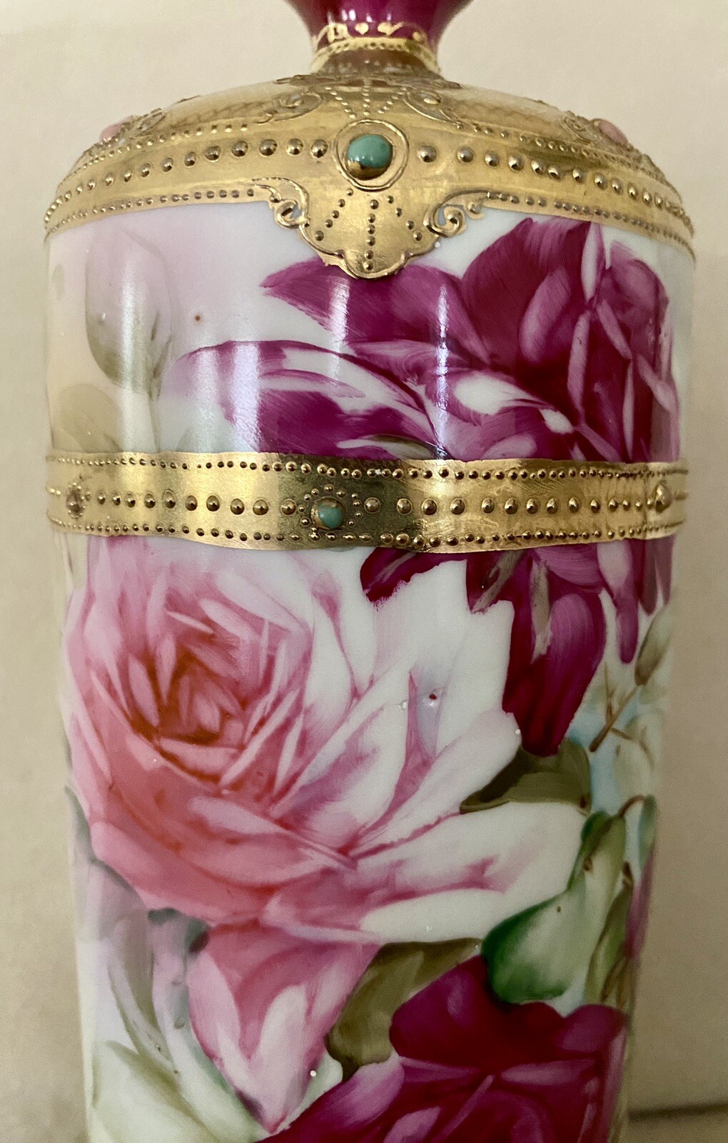 Antique Nippon Vase Jeweled Gold Cabbage Roses Bottle Shape 10.5” RARE SHAPE